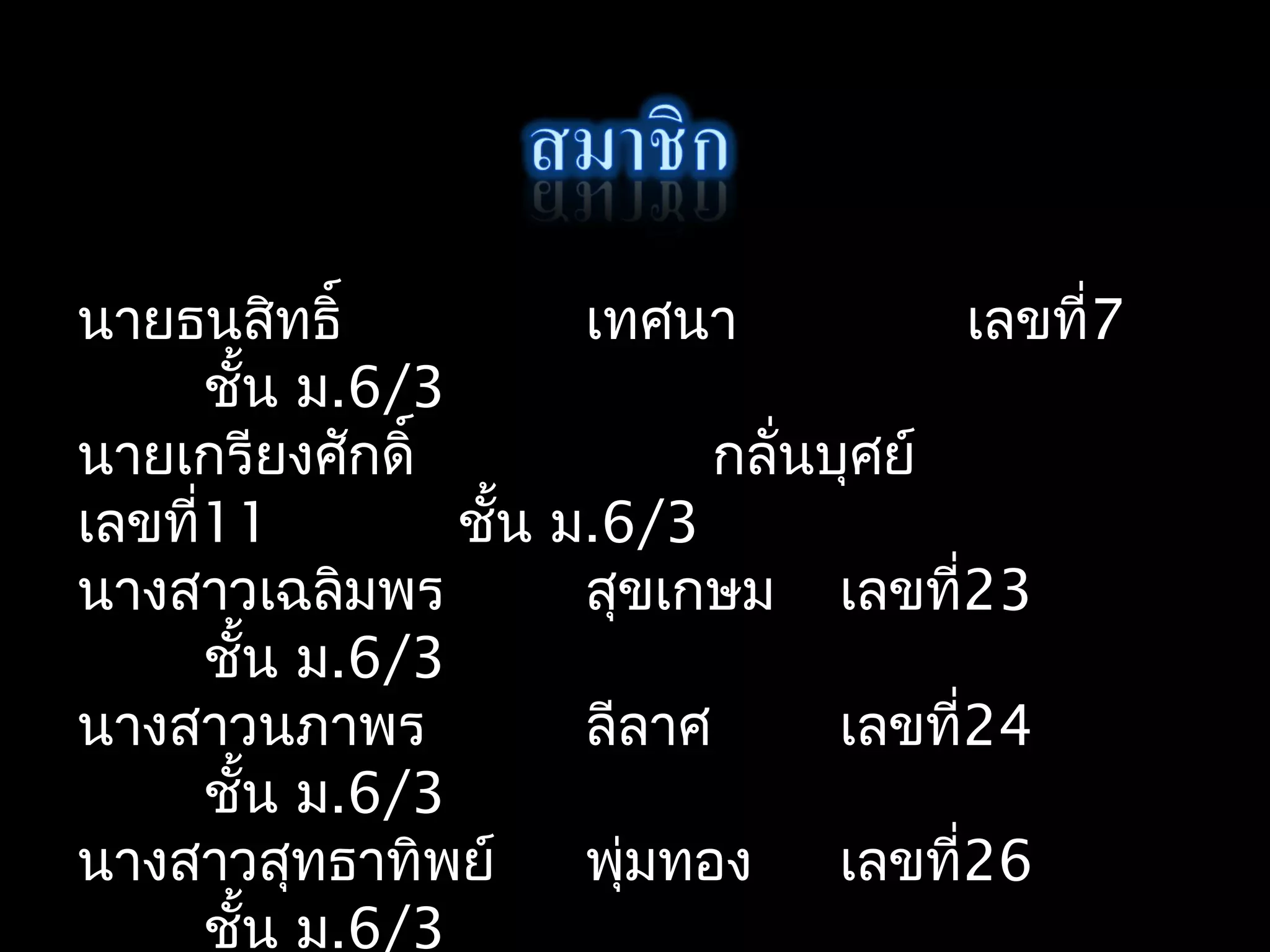 นายธนสิทธิ์ เทศนา เลขที่7
ชั้น ม.6/3
นายเกรียงศักดิ์ กลั่นบุศย์
เลขที่11 ชั้น ม.6/3
นางสาวเฉลิมพร สุขเกษม เลขที่23
ชั้น ม.6/3
นางสาวนภาพร ลีลาศ เลขที่24
ชั้น ม.6/3
นางสาวสุทธาทิพย์ พุ่มทอง เลขที่26
ชั้น ม.6/3
 