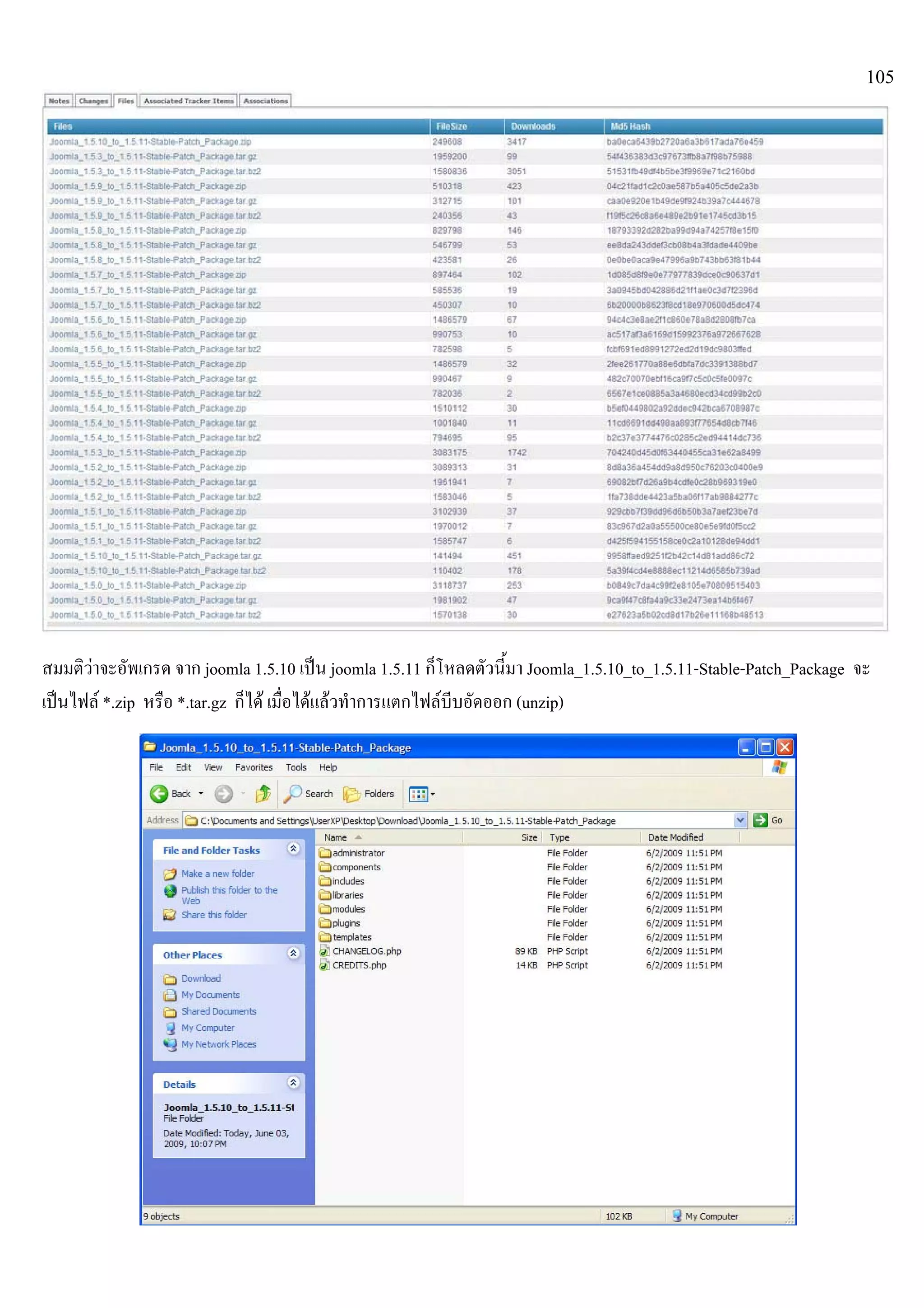 105
สมมติวาจะอัพเกรด จาก joomla 1.5.10 เปน joomla 1.5.11 ก็โหลดตัวนี้มา Joomla_1.5.10_to_1.5.11-Stable-Patch_Package จะ
เปนไฟล *.zip หรือ *.tar.gz ก็ได เมื่อไดแลวทําการแตกไฟลบีบอัดออก (unzip)
 