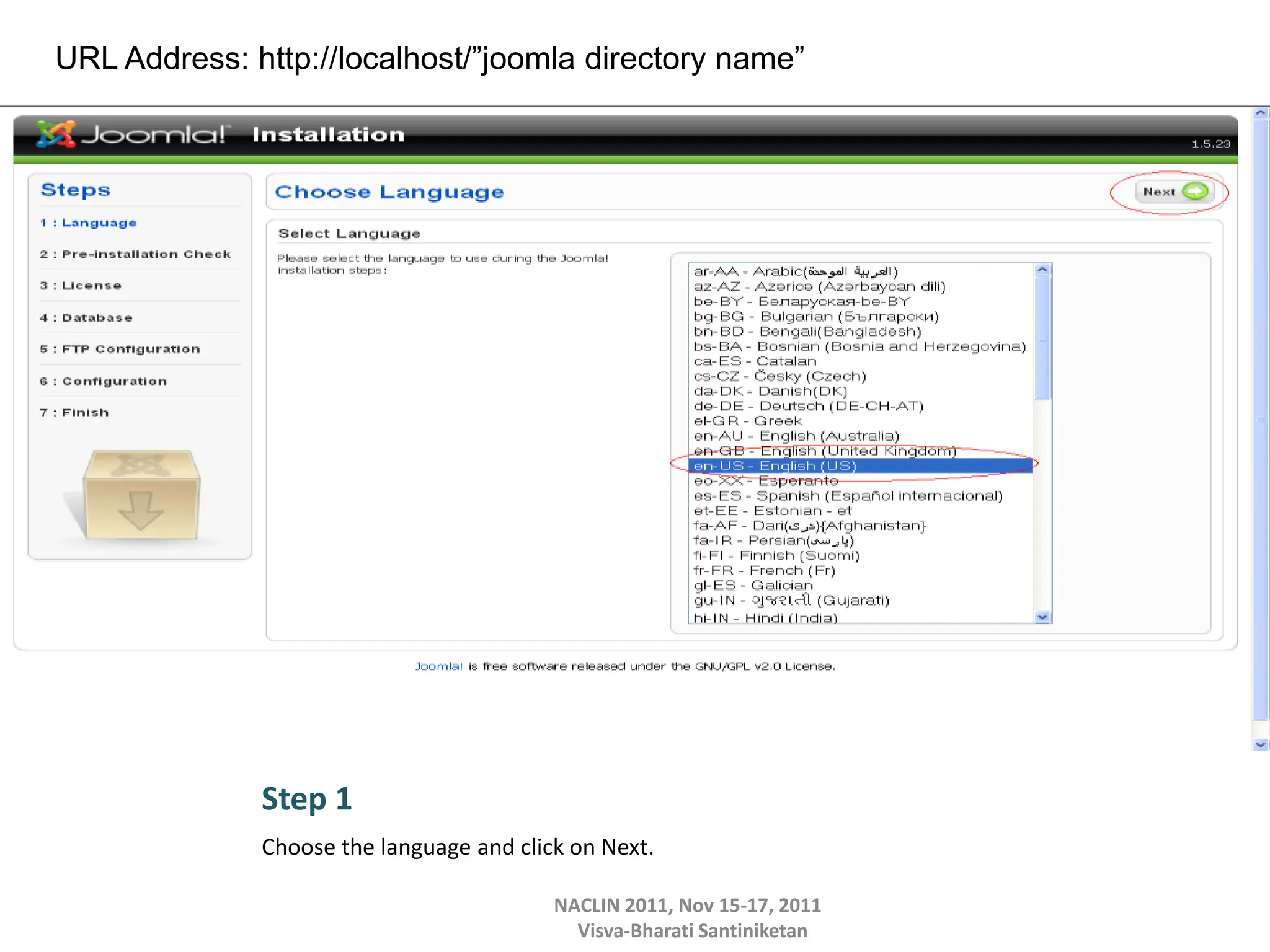 Step 1
Choose the language and click on Next.
NACLIN 2011, Nov 15-17, 2011
Visva-Bharati Santiniketan
URL Address: http://localhost/”joomla directory name”
 