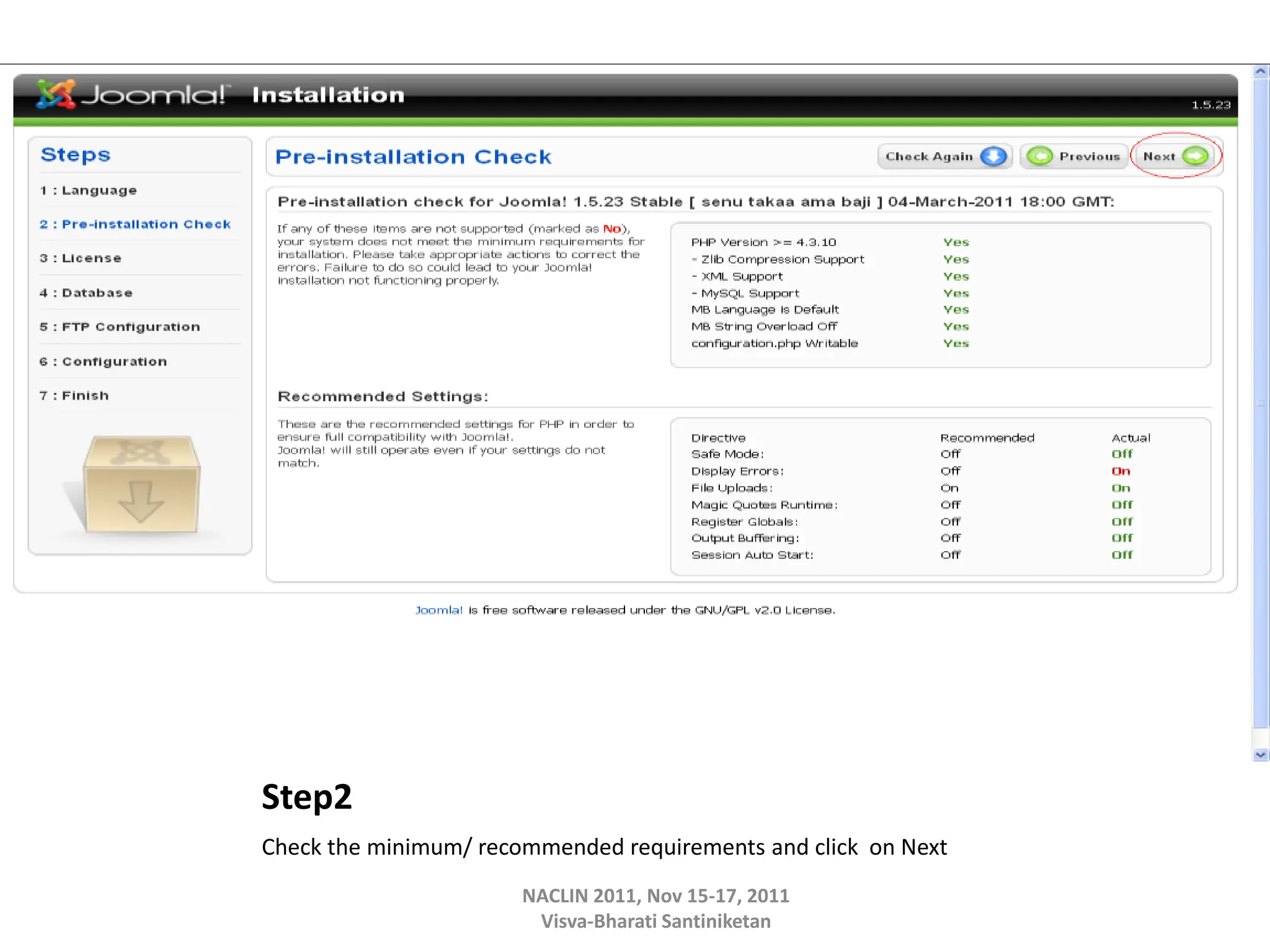 Step2
Check the minimum/ recommended requirements and click on Next
NACLIN 2011, Nov 15-17, 2011
Visva-Bharati Santiniketan
 