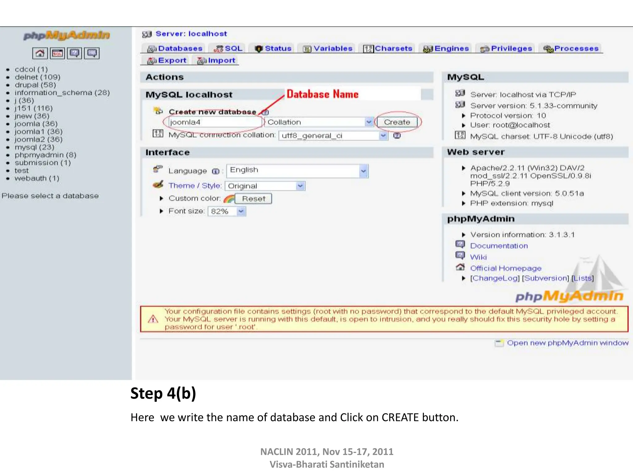 Step 4(b)
Here we write the name of database and Click on CREATE button.
NACLIN 2011, Nov 15-17, 2011
Visva-Bharati Santiniketan
 