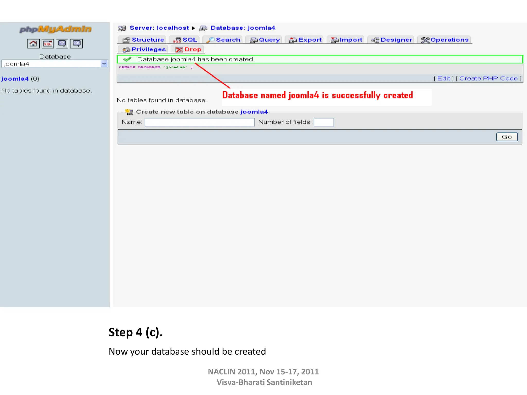 Step 4 (c).
Now your database should be created
NACLIN 2011, Nov 15-17, 2011
Visva-Bharati Santiniketan
 