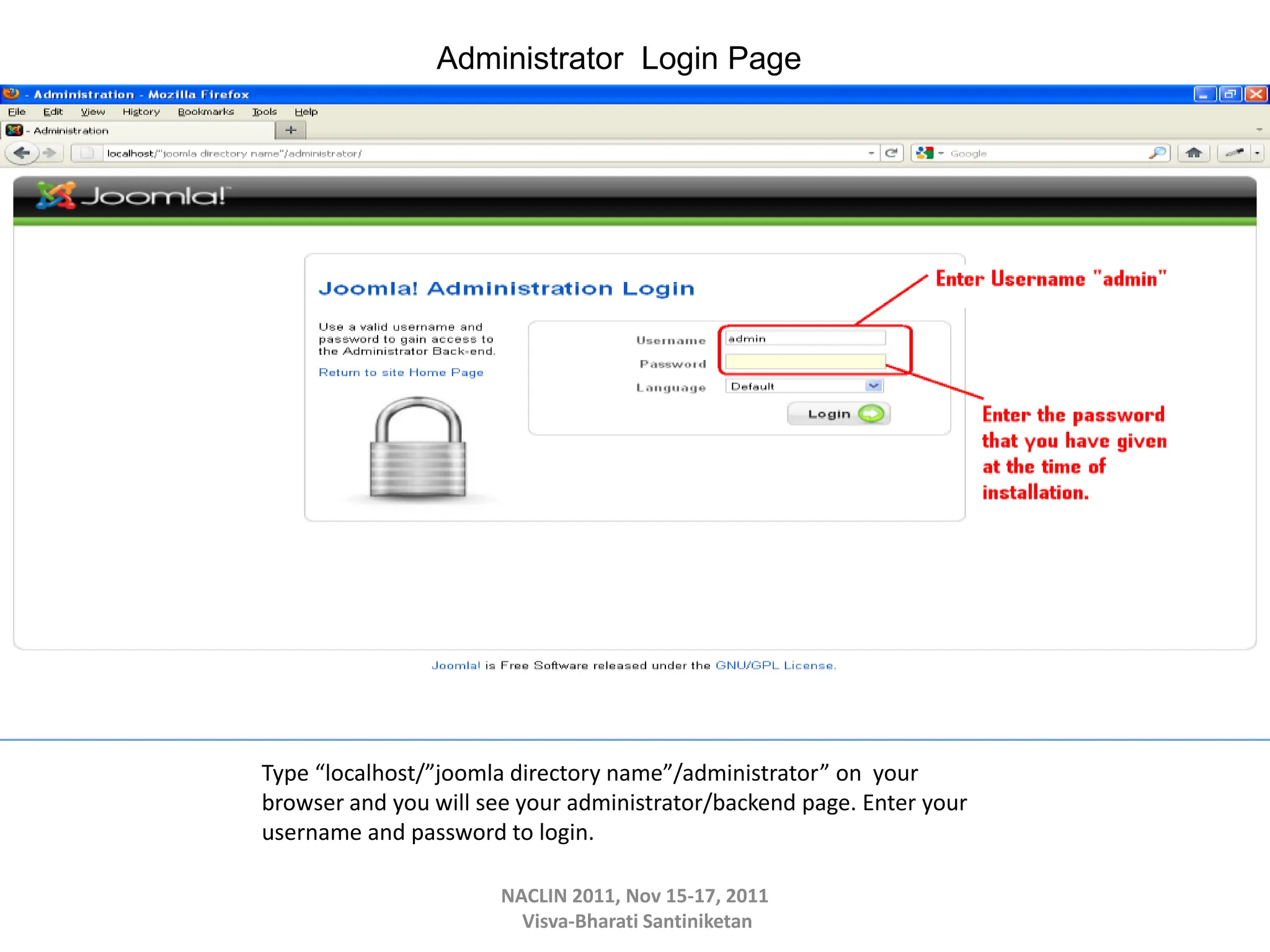 Type “localhost/”joomla directory name”/administrator” on your
browser and you will see your administrator/backend page. Enter your
username and password to login.
NACLIN 2011, Nov 15-17, 2011
Visva-Bharati Santiniketan
Administrator Login Page
 