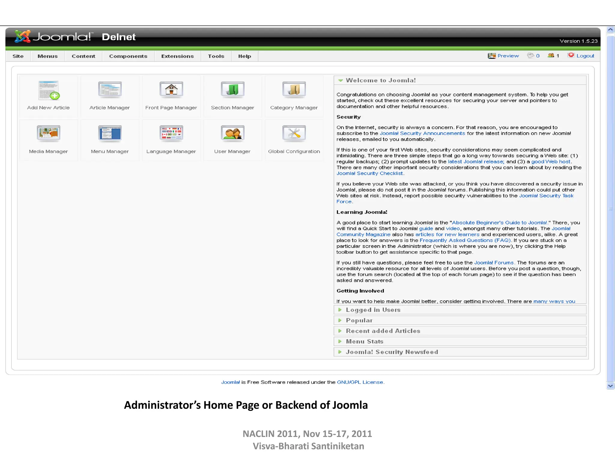Administrator’s Home Page or Backend of Joomla
NACLIN 2011, Nov 15-17, 2011
Visva-Bharati Santiniketan
 