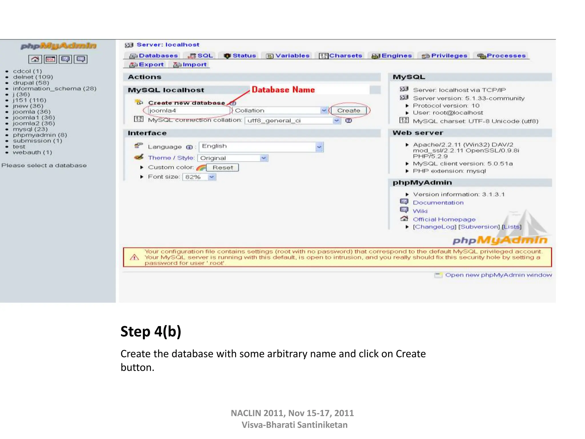 Step 4(b)
Create the database with some arbitrary name and click on Create
button.
NACLIN 2011, Nov 15-17, 2011
Visva-Bharati Santiniketan
 