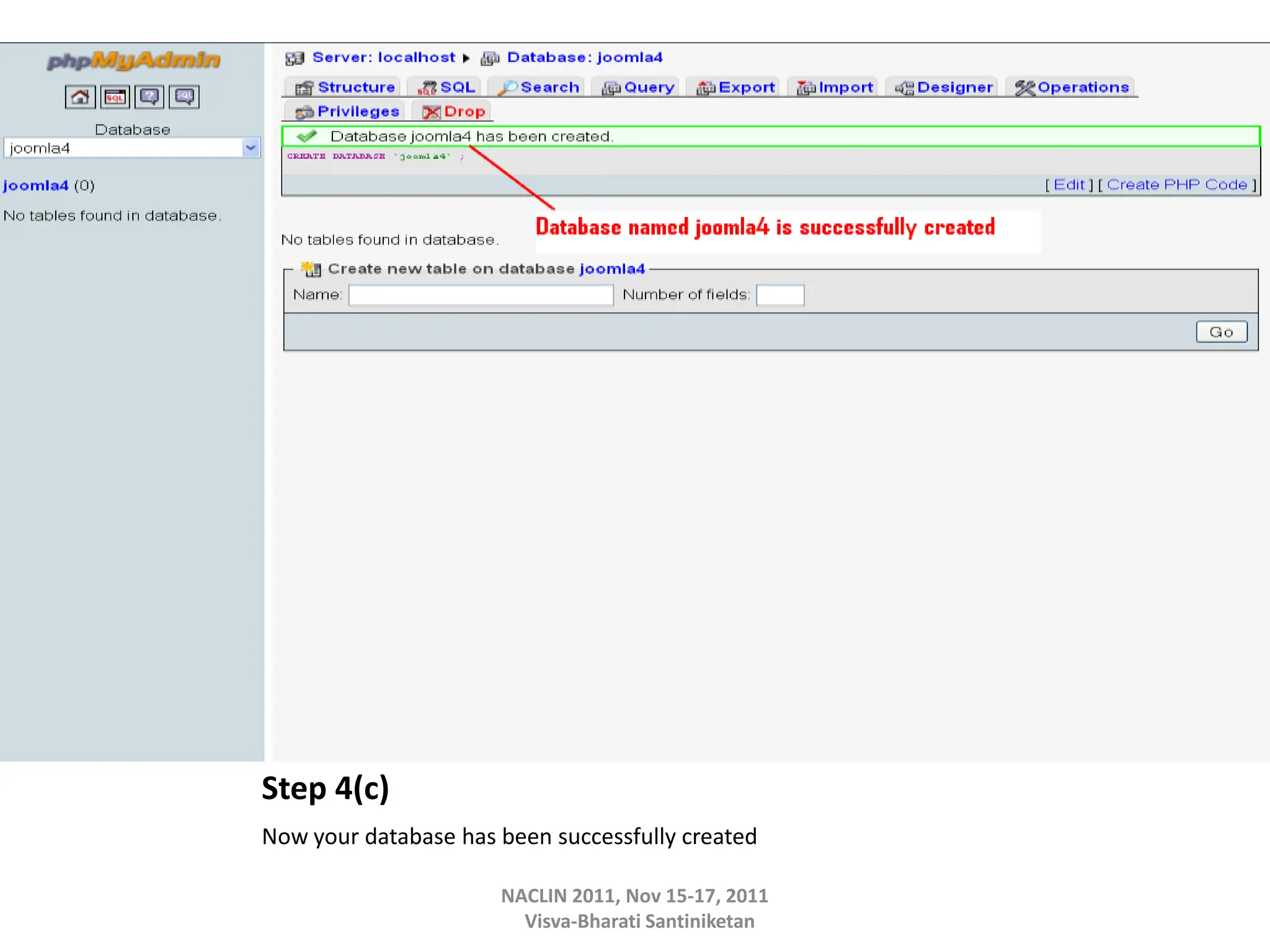 Step 4(c)
Now your database has been successfully created
NACLIN 2011, Nov 15-17, 2011
Visva-Bharati Santiniketan
 