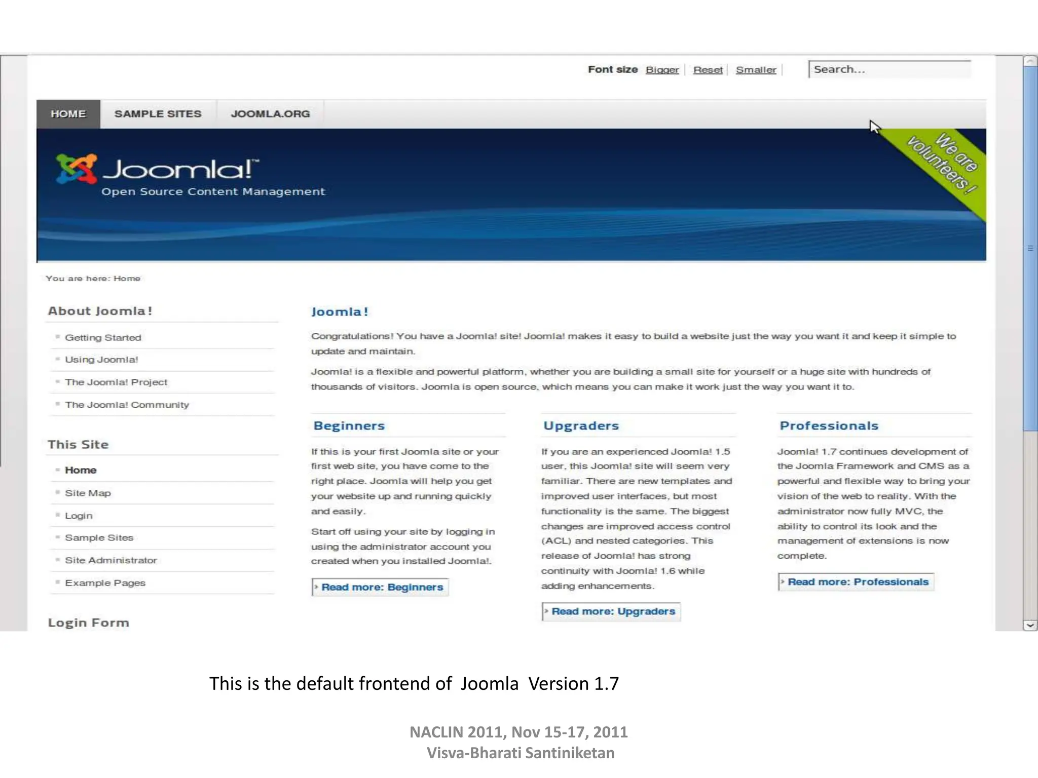 This is the default frontend of Joomla Version 1.7
NACLIN 2011, Nov 15-17, 2011
Visva-Bharati Santiniketan
 