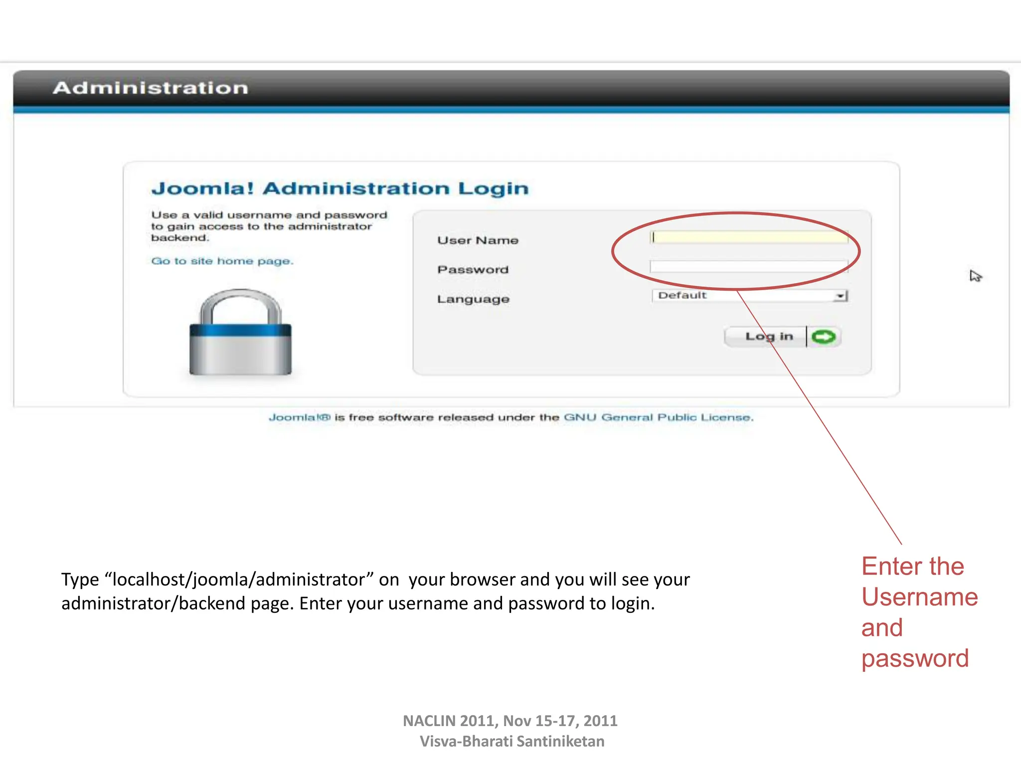 Type “localhost/joomla/administrator” on your browser and you will see your
administrator/backend page. Enter your username and password to login.
NACLIN 2011, Nov 15-17, 2011
Visva-Bharati Santiniketan
Enter the
Username
and
password
 