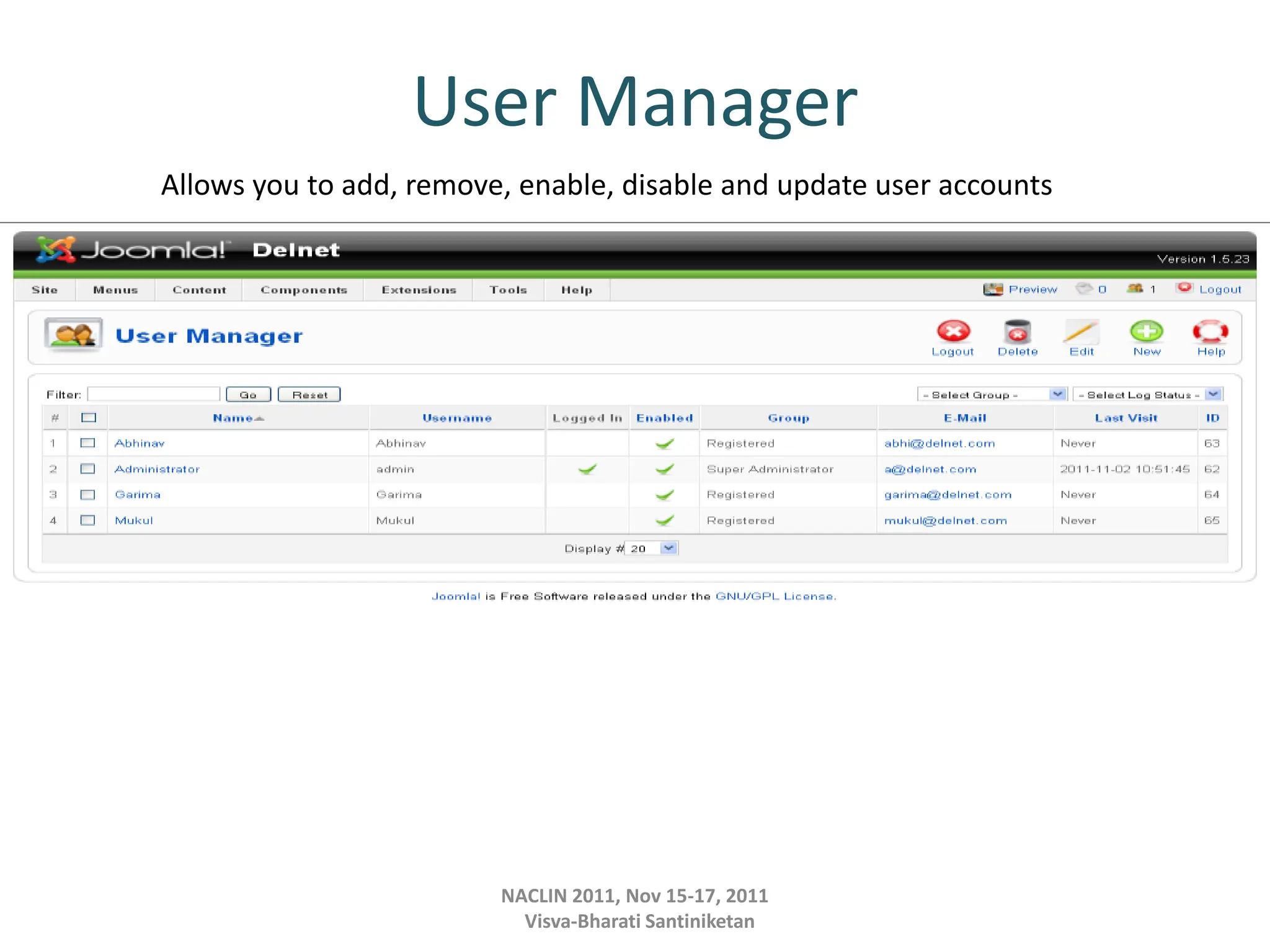 User Manager
NACLIN 2011, Nov 15-17, 2011
Visva-Bharati Santiniketan
Allows you to add, remove, enable, disable and update user accounts
 