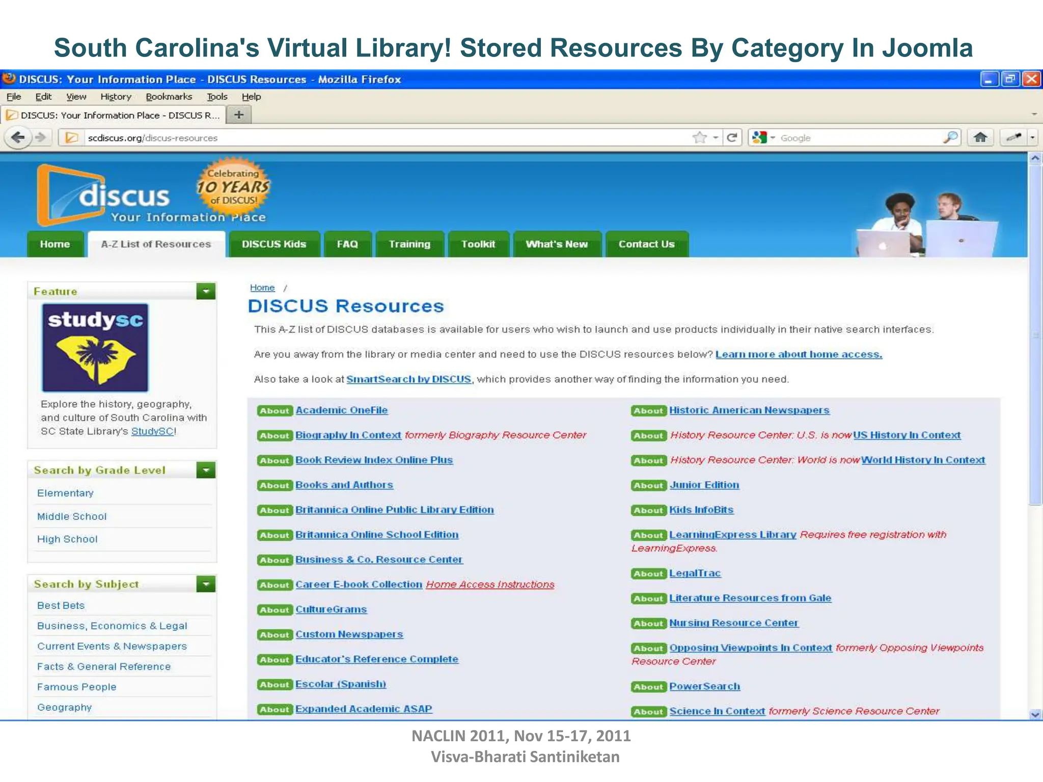 NACLIN 2011, Nov 15-17, 2011
Visva-Bharati Santiniketan
South Carolina's Virtual Library! Stored Resources By Category In Joomla
 