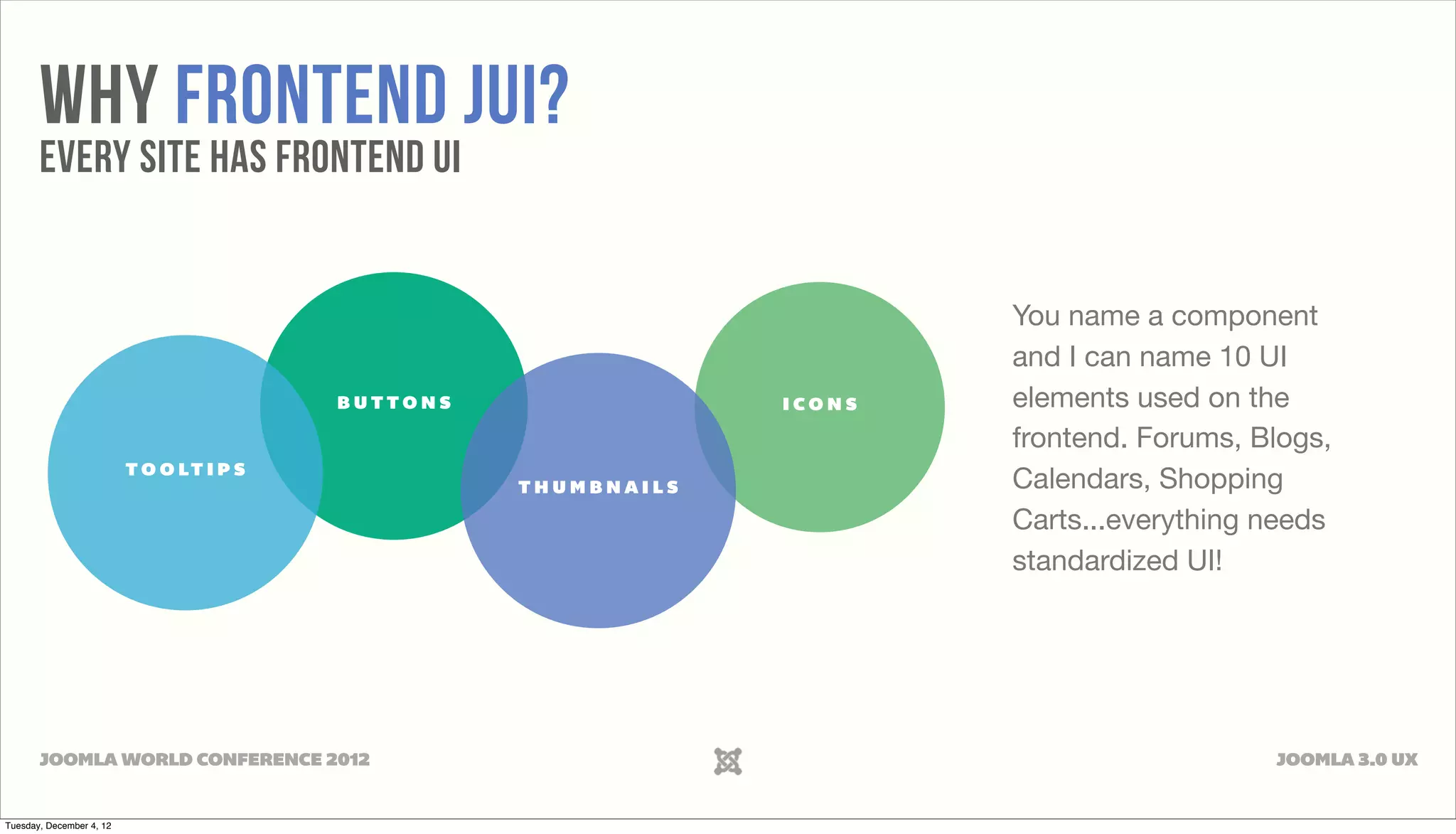 Why Frontend JUI?
Every site has frontend UI
You name a component
and I can name 10 UI
BUTTONS ICONS elements used on the
frontend. Forums, Blogs,
T O O LT I P S
THUMBNAILS Calendars, Shopping
Carts...everything needs
standardized UI!
JOOMLA WORLD CONFERENCE 2012 JOOMLA 3.0 UX
Tuesday, December 4, 12