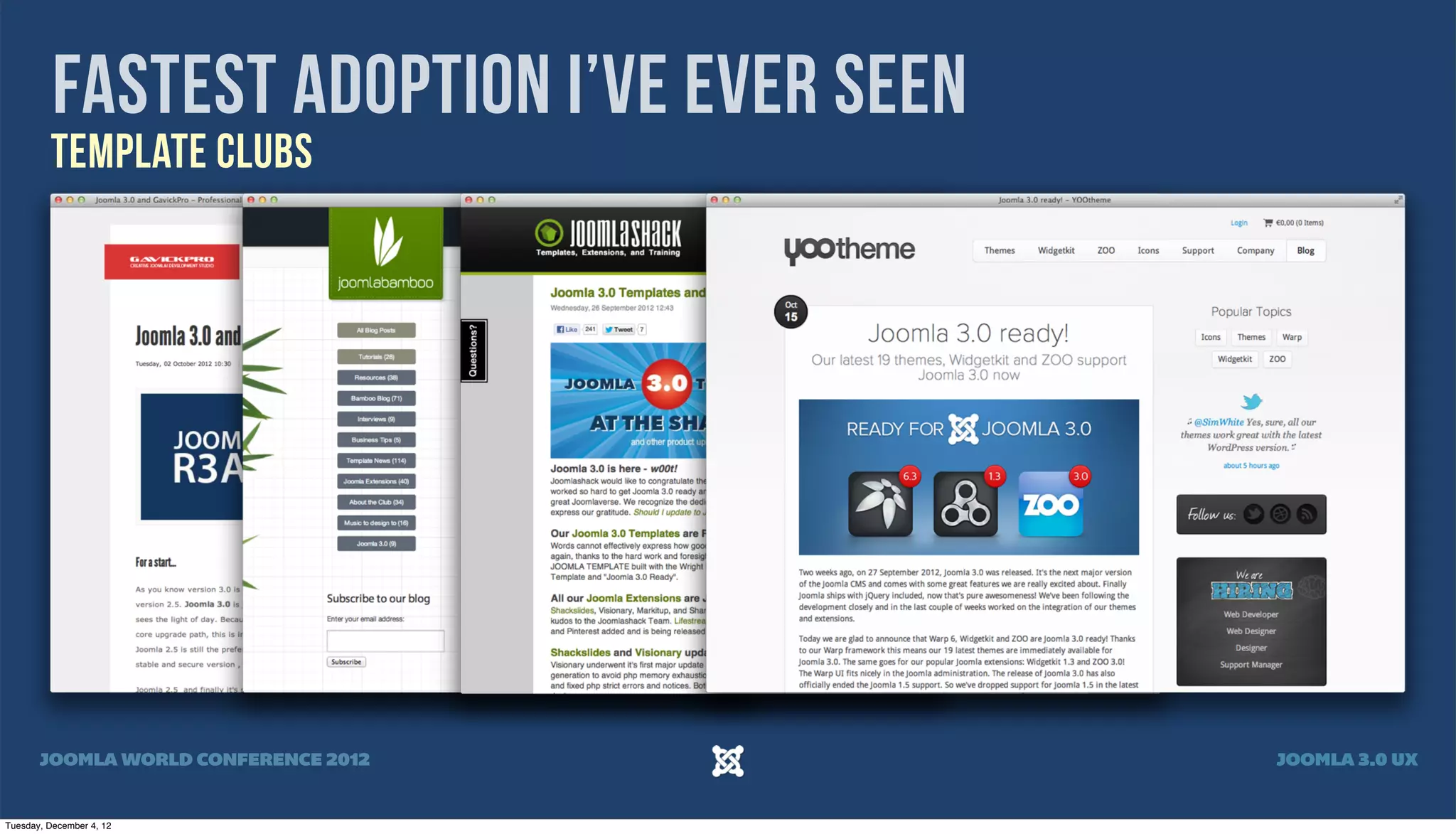 Fastest Adoption I’ve Ever Seen
Template Clubs
JOOMLA WORLD CONFERENCE 2012 JOOMLA 3.0 UX
Tuesday, December 4, 12
