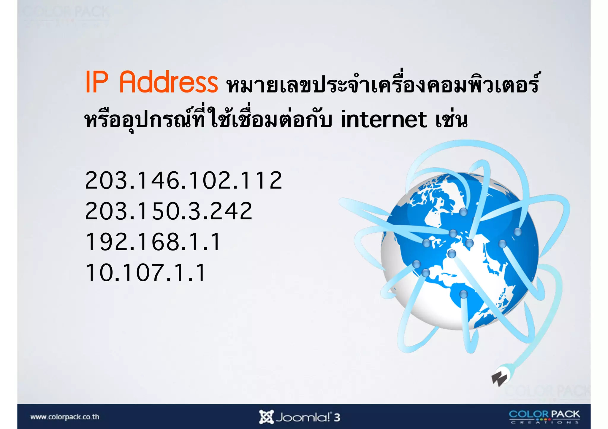 IP Address หมายเลขประจำเครื่องคอมพิวเตอร์
หรืออุปกรณ์ที่ใช้เชื่อมต่อกับ internet เช่น
203.146.102.112
203.150.3.242
192.168.1.1
10.107.1.1
 