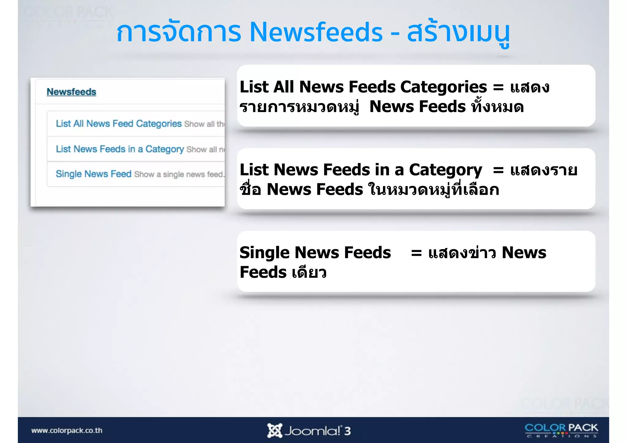 การจัดการ Newsfeeds - สร้างเมนู
List All News Feeds Categories = แสดง
รายการหมวดหมู่ News Feeds ทัBงหมด
List News Feeds in a Category = แสดงราย
ชื<อ News Feeds ในหมวดหมู่ที<เลือก
Single News Feeds = แสดงข่าว News
Feeds เดียว
 