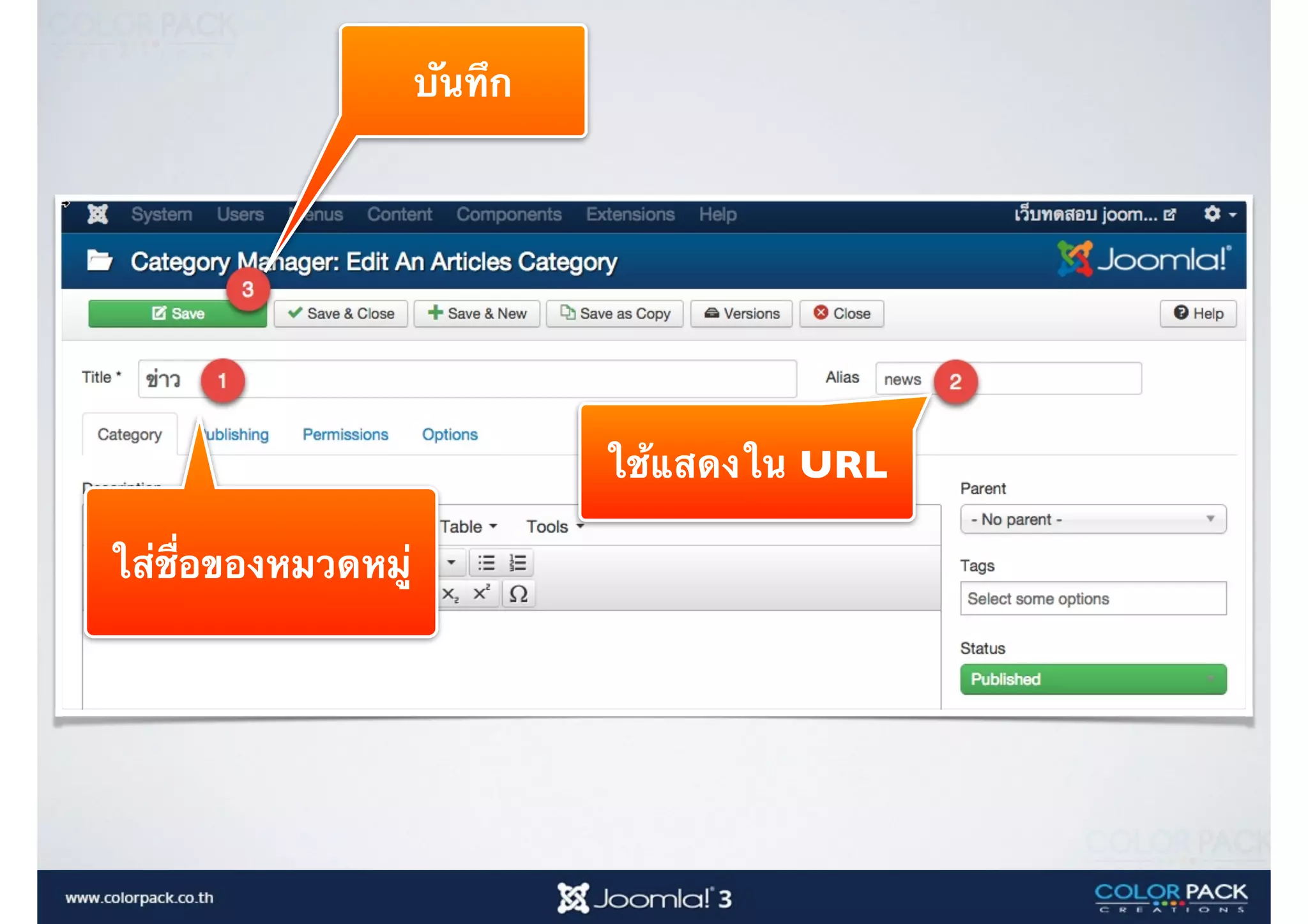 ใส่ชื่อของหมวดหมู่
บันทึก
ใช้แสดงใน URL
 