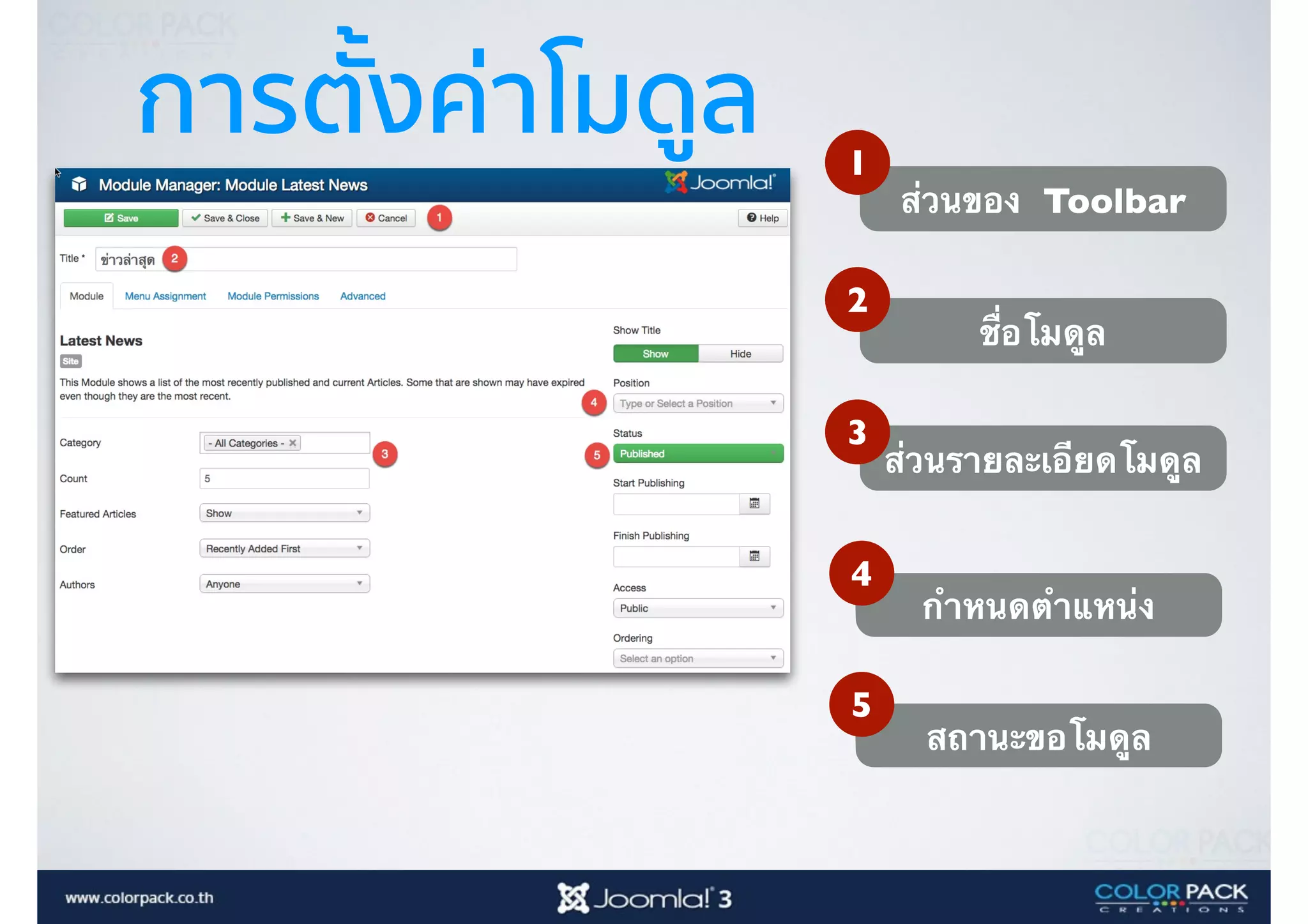 การตั้งค่าโมดูล
ส่วนของ Toolbar
1
ชื่อโมดูล
2
ส่วนรายละเอียดโมดูล
3
กำหนดตำแหน่ง
4
สถานะขอโมดูล
5
 