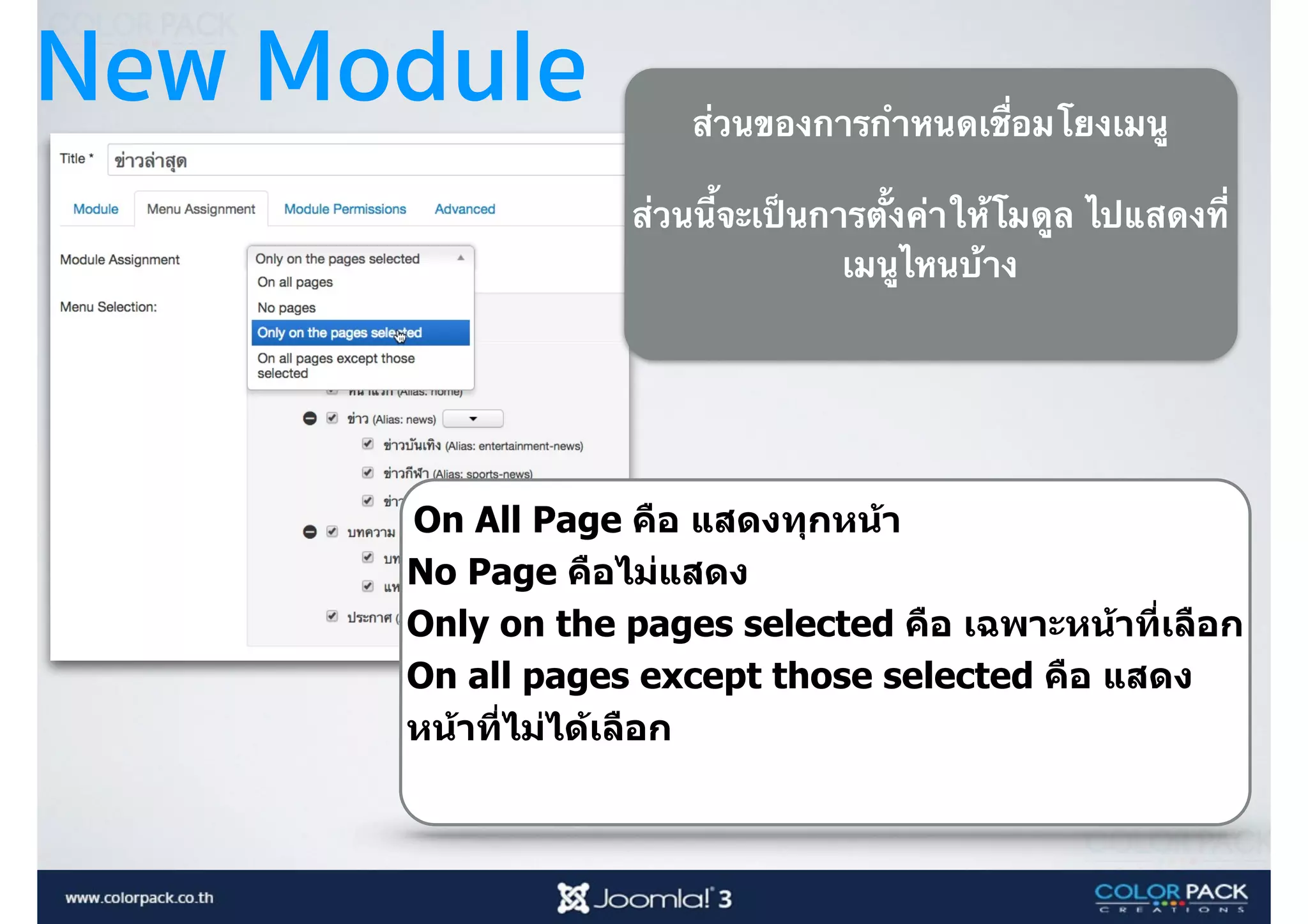 New Module
On All Page คือ แสดงทุกหน้า
No Page คือไม่แสดง
Only on the pages selected คือ เฉพาะหน้าที<เลือก
On all pages except those selected คือ แสดง
หน้าที<ไม่ได้เลือก
ส่วนของการกำหนดเชื่อมโยงเมนู
ส่วนนี้จะเป็นการตั้งค่าให้โมดูล ไปแสดงที่
เมนูไหนบ้าง
 