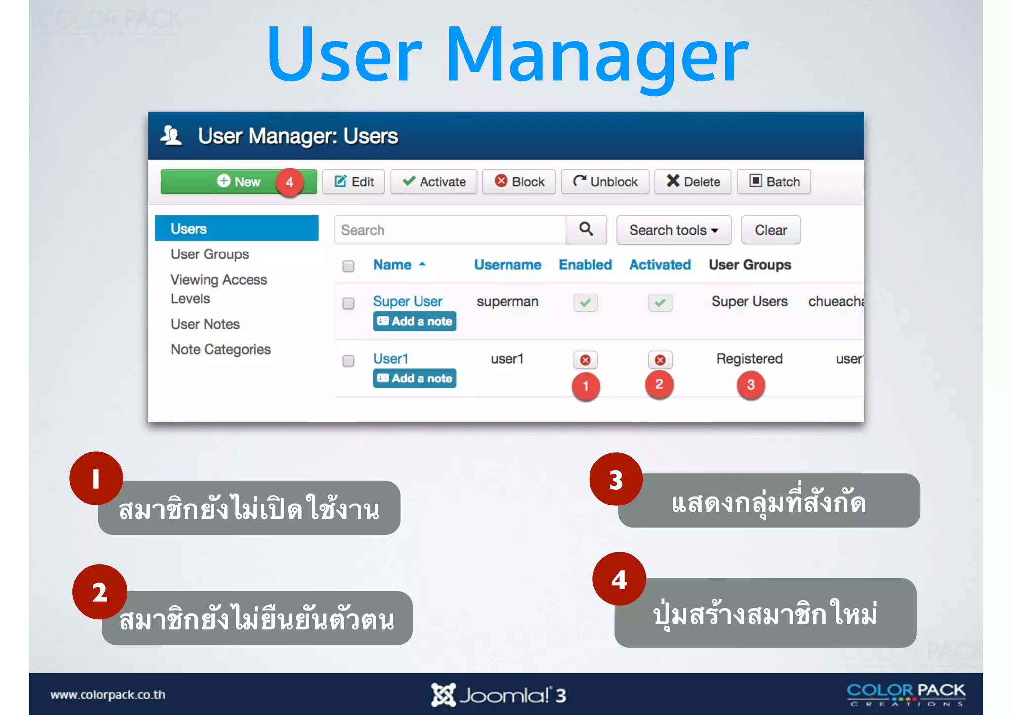 User Manager
สมาชิกยังไม่เปิดใช้งาน
1
สมาชิกยังไม่ยืนยันตัวตน
2
แสดงกลุ่มที่สังกัด
3
ปุ่มสร้างสมาชิกใหม่
4
 