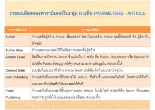 พารามิ๶ตอร                                           รายละเอียด
Author           กาหนดชอผู ราง
                 กําหนดชื่อผสราง Article เพื่อแสดงวาใครเปนคนสราง Article ชดนี้โดยปกติ คือ ผล็อกอิน
                                            เพอแสดงวาใครเปนคนสราง              ชุดนโดยปกต คอ ผู อกอน
                 ปจจุบัน
Author Alias     กาหนดนามแฝงกรณีท่ไมตองการแสดงชือผูสราง
                   ํ             ฝ    ี ี                ื่   
Access Level     สิทธิในการเปดอาน Article ซึ่งแบงเปน 3 ระดับ คือ Public, Registered หรือ Special คา
                      ์
                 ปกติคือ Public ซึ่งอนุญาตใหทุกคนสามารถอานขอมูลใน Article นี้ได
Created Date ระบุวันทีและเวลาที่สราง Article โดยคาปกติคือ วันที่และเวลาปจจุบัน
                          ่
Start Publishing กําหนดวันทีและเวลาที่ตองการให Article ที่สรางขึ้นแสดงบนเว็บไซต โดยคาปกติคือวัน
                               ่
                 และเวลาปจจุบันเพื่อใหแสดงผลไดทนที
                                 ุ                   ั
Finish           กําหนดวันทีและเวลาที่สิ้นสุดการแสดง Article ในเว็บไซต คาปกติคือ Never ที่จะแสดง
                             ่
Publishing       จนกวาจะถูกสงให
                 จนกวาจะถกสั่งให Unpublished หรือลบ Article ทิ้ง
                                                   หรอลบ          ทง
 