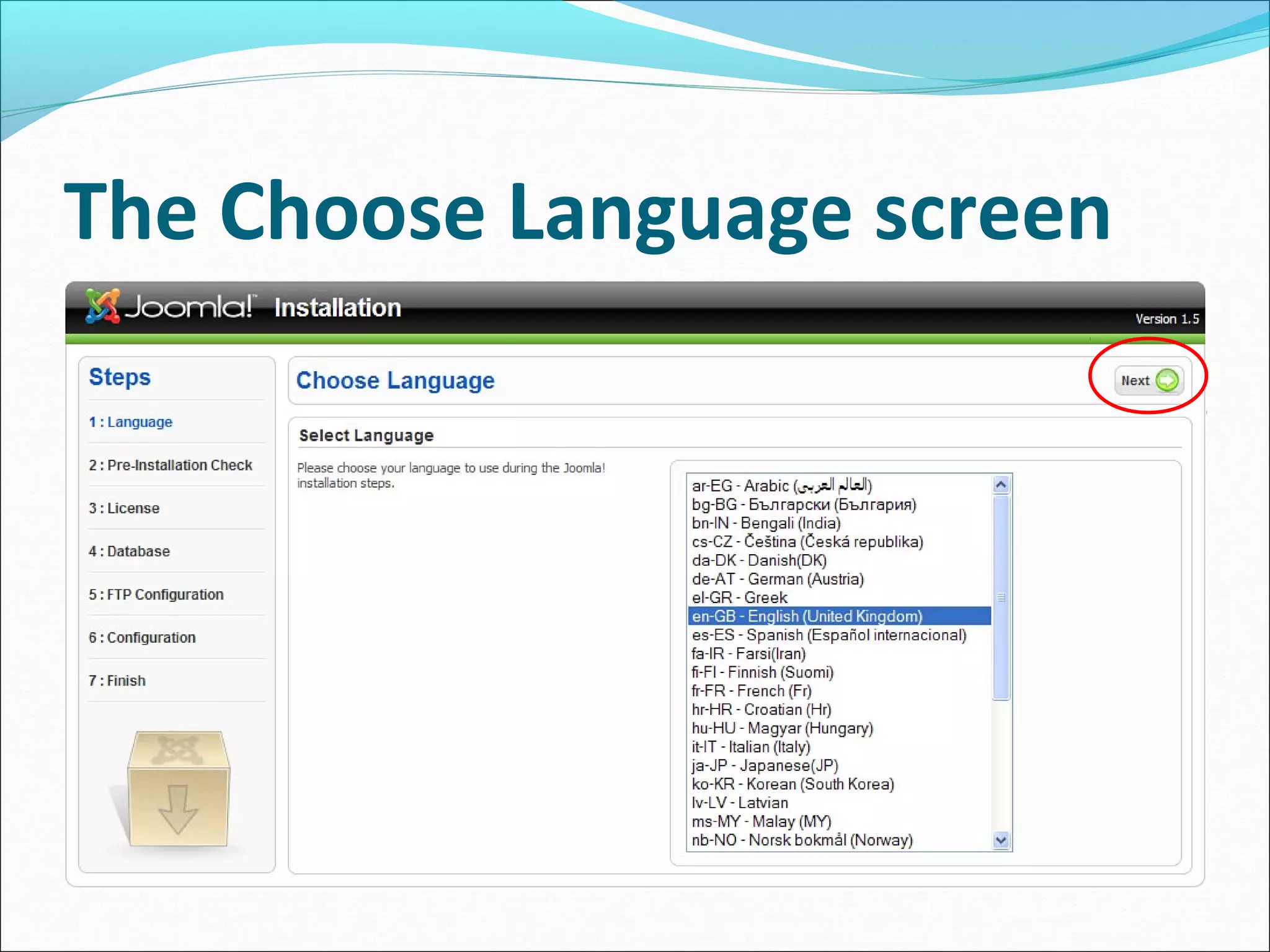 The Choose Language screen

 