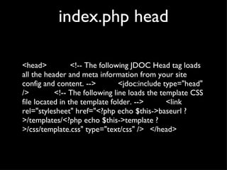 index.php head <head> <!-- The following JDOC Head tag loads all the header and meta information from your site config and content. --> <jdoc:include type="head" /> <!-- The following line loads the template CSS file located in the template folder. --> <link rel="stylesheet" href="<?php echo $this->baseurl ?>/templates/<?php echo $this->template ?>/css/template.css" type="text/css" /> </head> 