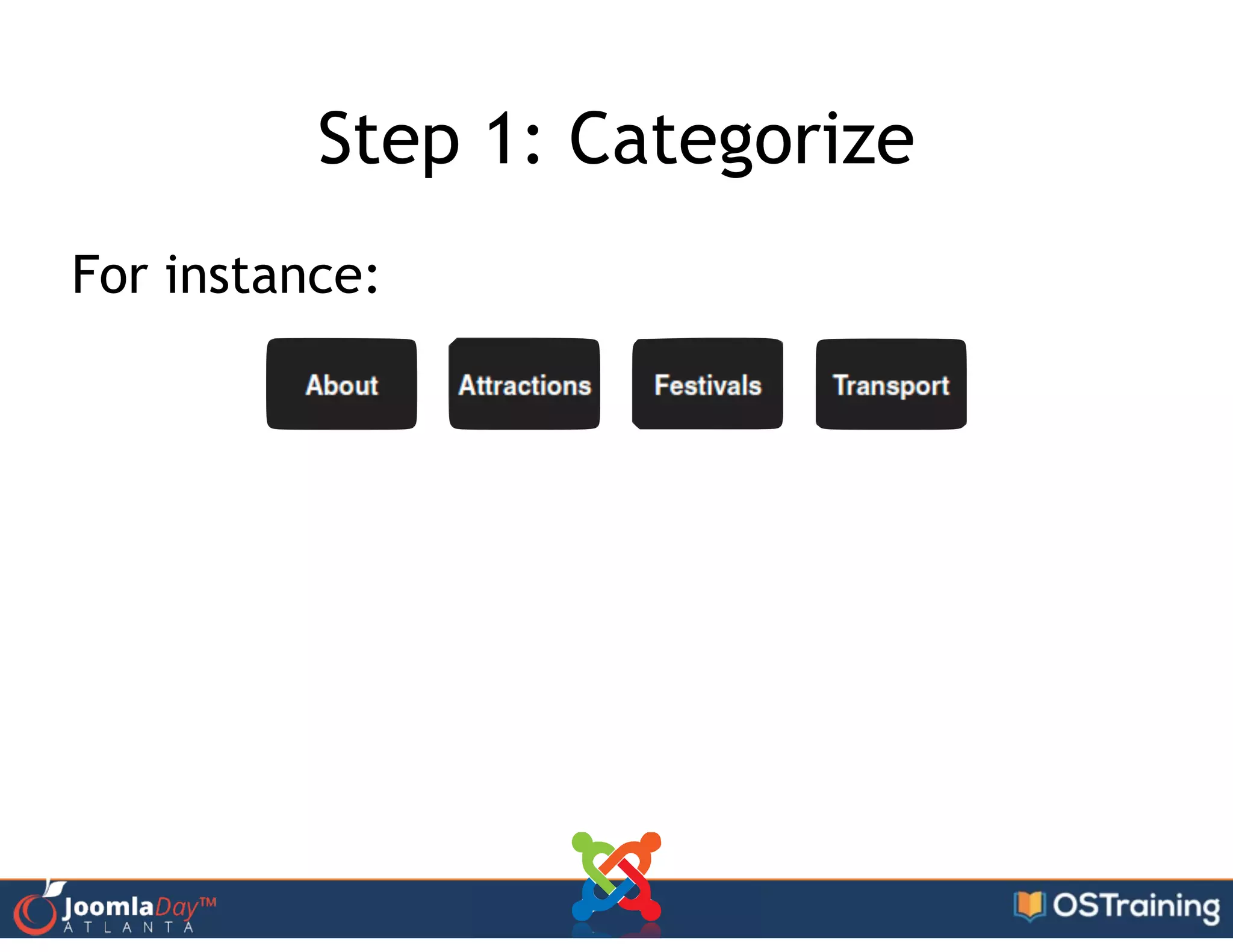 Step 1: Categorize
For instance:
 