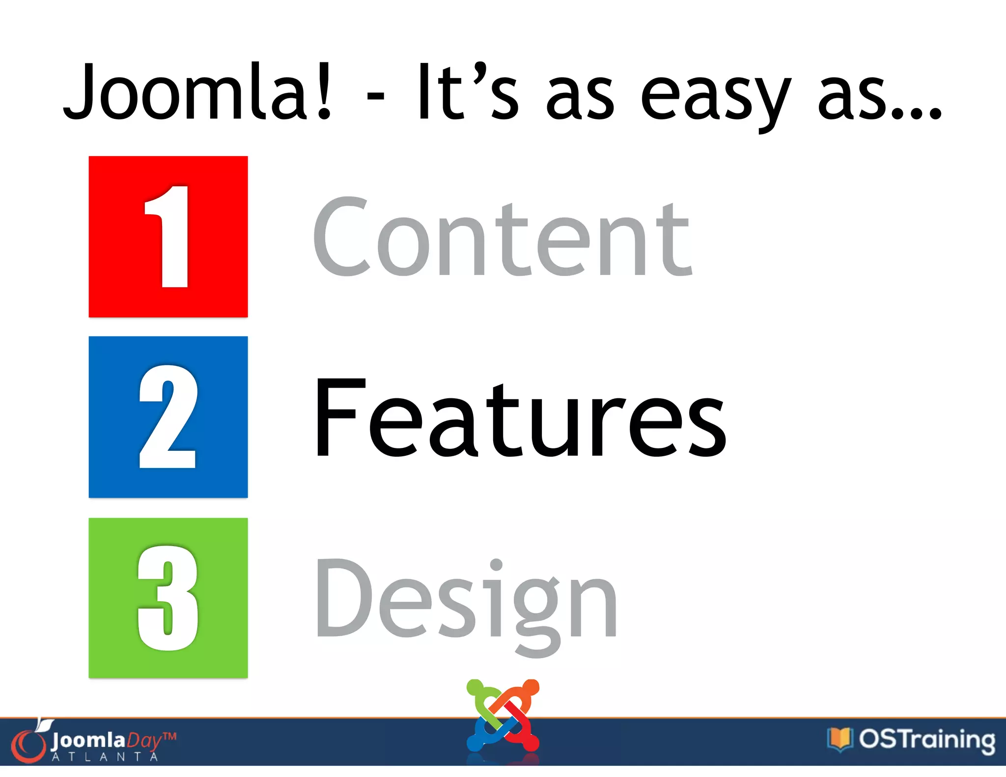 Joomla! - It’s as easy as…
1
2
3
Content
Features
Design
 