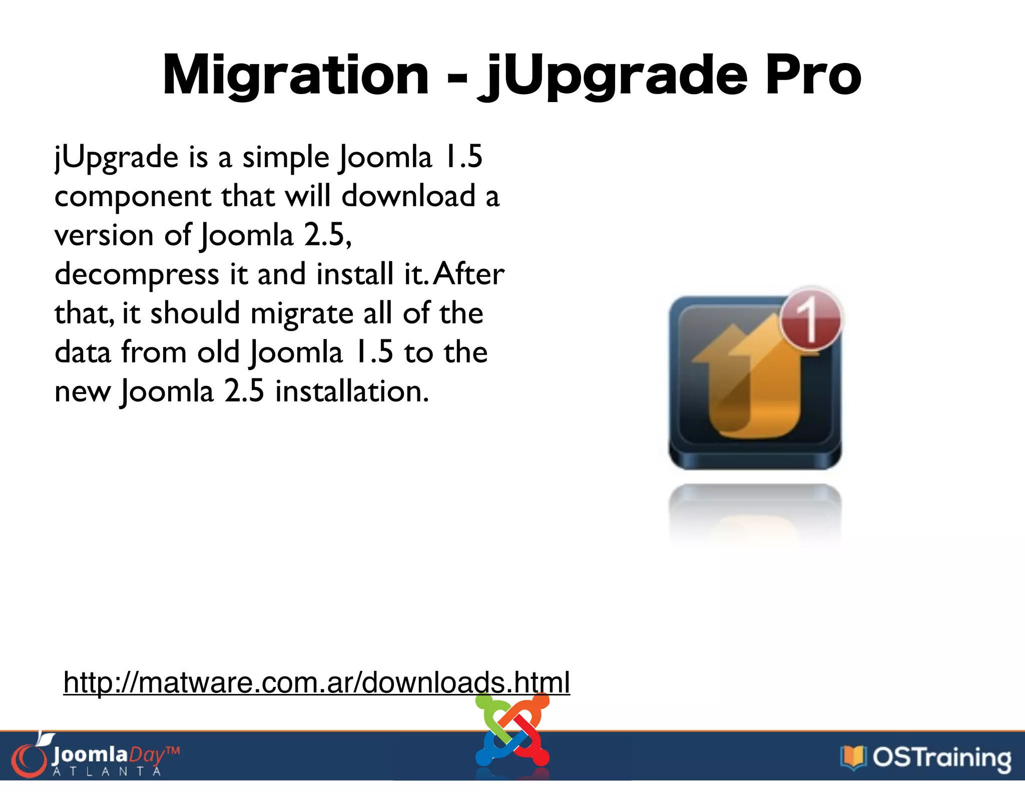 Migration - jUpgrade Pro
jUpgrade is a simple Joomla 1.5
component that will download a
version of Joomla 2.5,
decompress it and install it.After
that, it should migrate all of the
data from old Joomla 1.5 to the
new Joomla 2.5 installation.
http://matware.com.ar/downloads.html
 