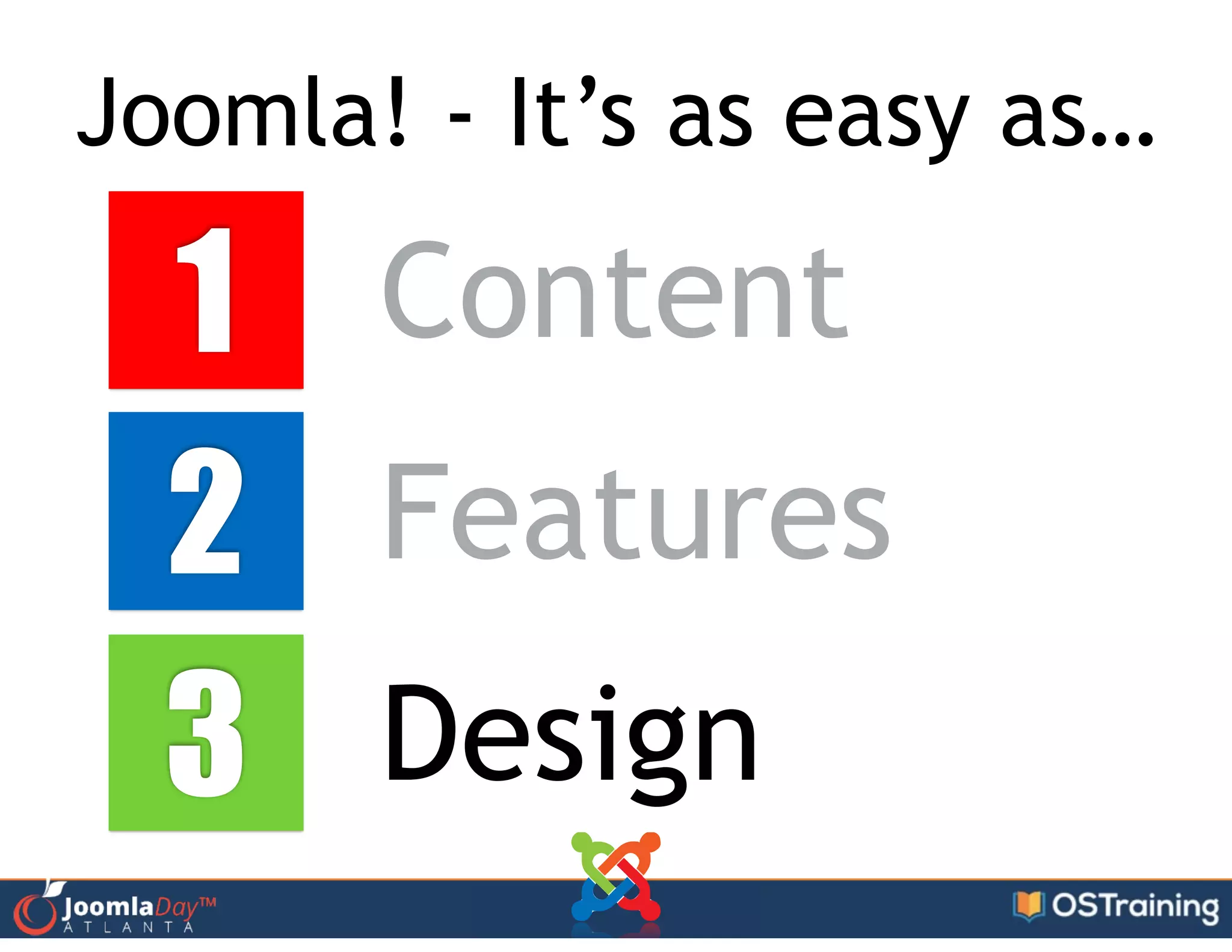 Joomla! - It’s as easy as…
1
2
3
Content
Features
Design
 