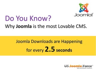 Do You Know?
Why Joomla is the most Lovable CMS.
Joomla Downloads are Happening
for every 2.5seconds
 
