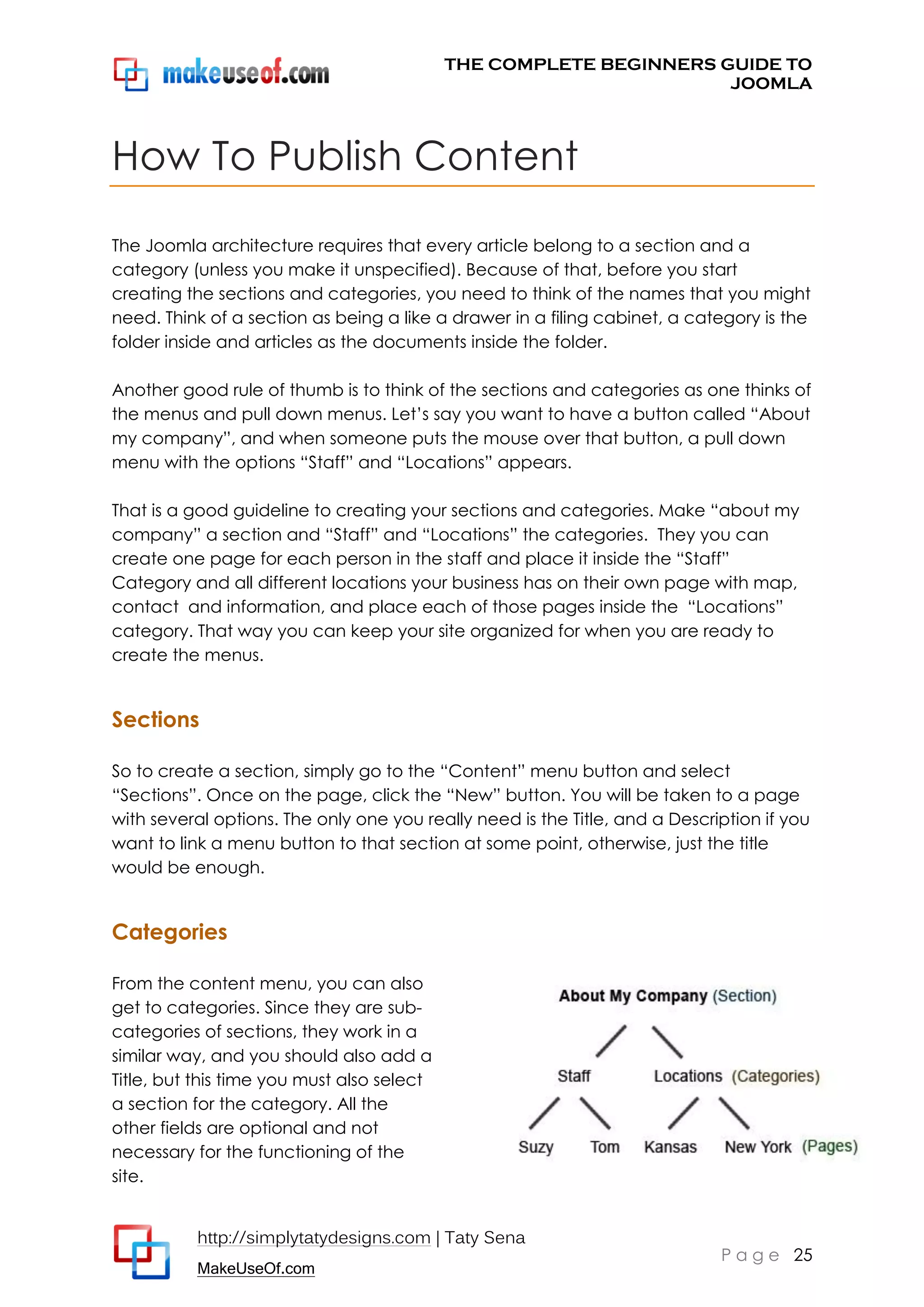 THE COMPLETE BEGINNERS GUIDE TO
JOOMLA

How To Publish Content
The Joomla architecture requires that every article belong to a section and a
category (unless you make it unspecified). Because of that, before you start
creating the sections and categories, you need to think of the names that you might
need. Think of a section as being a like a drawer in a filing cabinet, a category is the
folder inside and articles as the documents inside the folder.
Another good rule of thumb is to think of the sections and categories as one thinks of
the menus and pull down menus. Let’s say you want to have a button called “About
my company”, and when someone puts the mouse over that button, a pull down
menu with the options “Staff” and “Locations” appears.
That is a good guideline to creating your sections and categories. Make “about my
company” a section and “Staff” and “Locations” the categories. They you can
create one page for each person in the staff and place it inside the “Staff”
Category and all different locations your business has on their own page with map,
contact and information, and place each of those pages inside the “Locations”
category. That way you can keep your site organized for when you are ready to
create the menus.

Sections
So to create a section, simply go to the “Content” menu button and select
“Sections”. Once on the page, click the “New” button. You will be taken to a page
with several options. The only one you really need is the Title, and a Description if you
want to link a menu button to that section at some point, otherwise, just the title
would be enough.

Categories
From the content menu, you can also
get to categories. Since they are subcategories of sections, they work in a
similar way, and you should also add a
Title, but this time you must also select
a section for the category. All the
other fields are optional and not
necessary for the functioning of the
site.
http://simplytatydesigns.com | Taty Sena
MakeUseOf.com

P a g e 25

 
