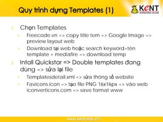 1.       Chọn Templates
     ›     Freecode.vn => copy title tem => Google Image =>
           preview layout web
     ›     Download tại web hoặc search keyword=tên
           template + mediafire => download temp
2.       Intall Quickstar => Double templates đang
         dùng => sửa lại file
     ›     Templatesdetail.xml => sửa thông số website
     ›     Favicons.icon => tạo file PNG 16x16px => vào web
           iconverticons.com => save format www
 