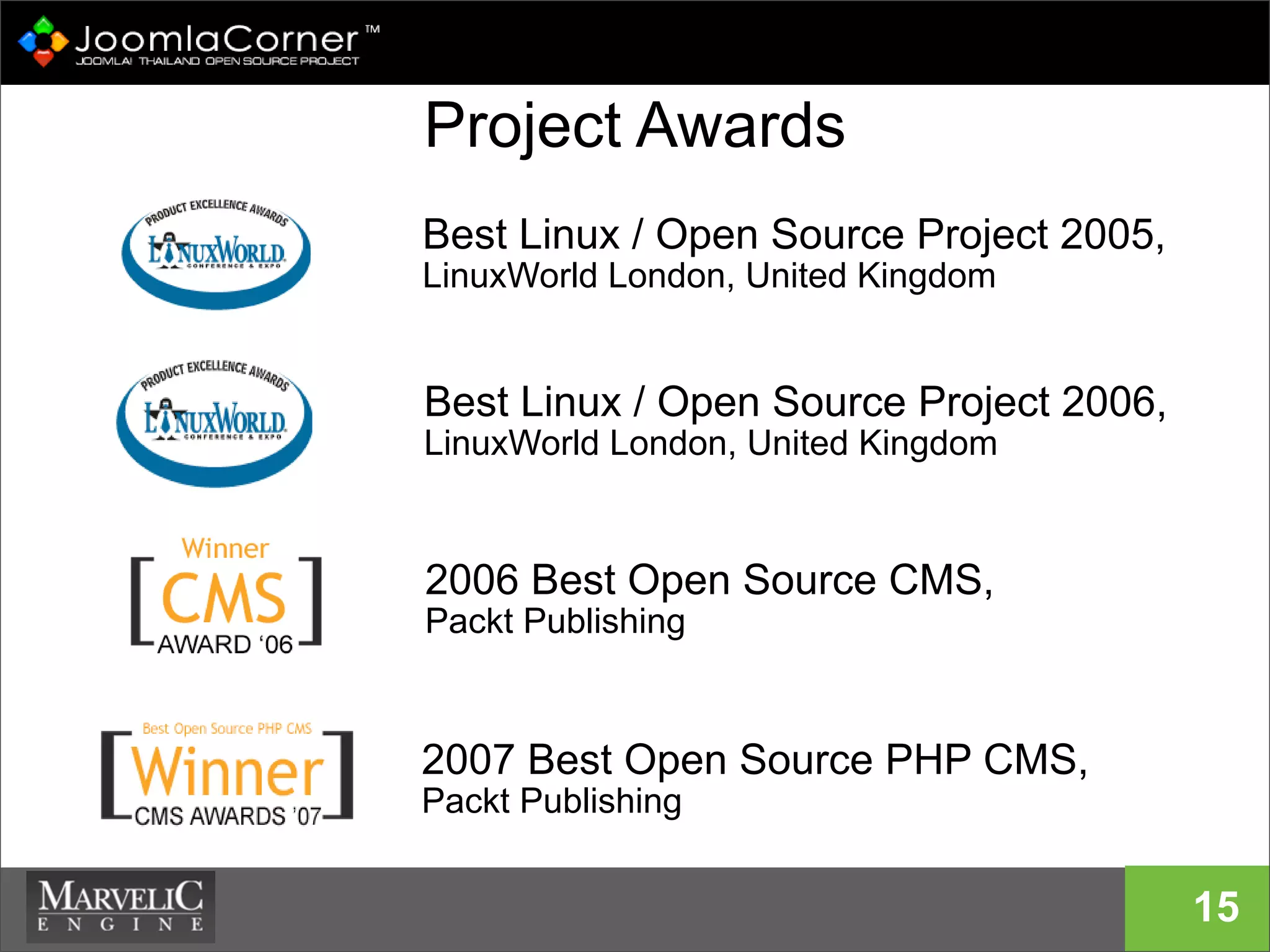 Project Awards
15
Best Linux / Open Source Project 2005,
LinuxWorld London, United Kingdom
Best Linux / Open Source Project 2006,
LinuxWorld London, United Kingdom
2006 Best Open Source CMS,
Packt Publishing
2007 Best Open Source PHP CMS,
Packt Publishing
 