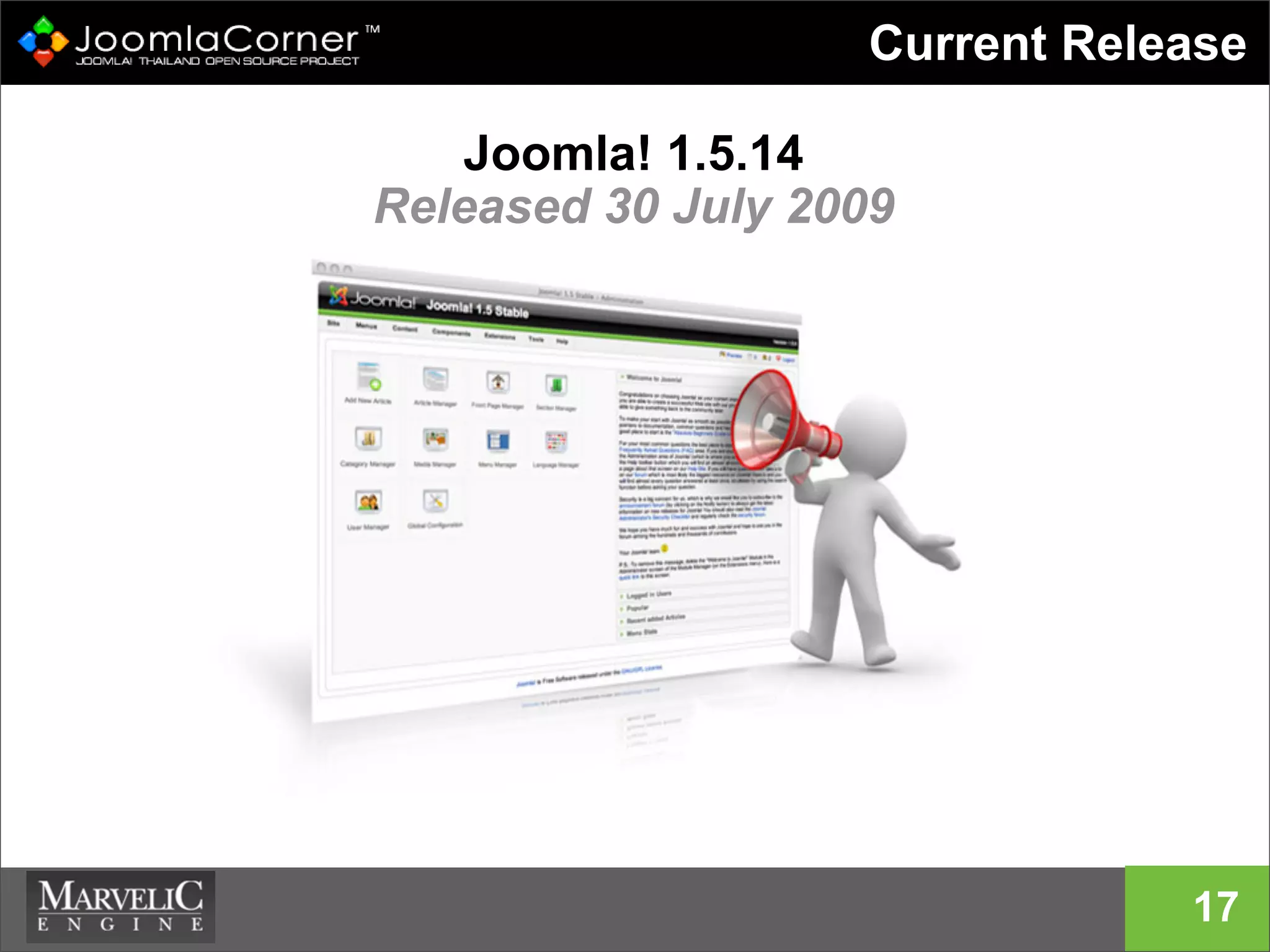 17
Current Release
Joomla! 1.5.14
Released 30 July 2009
 