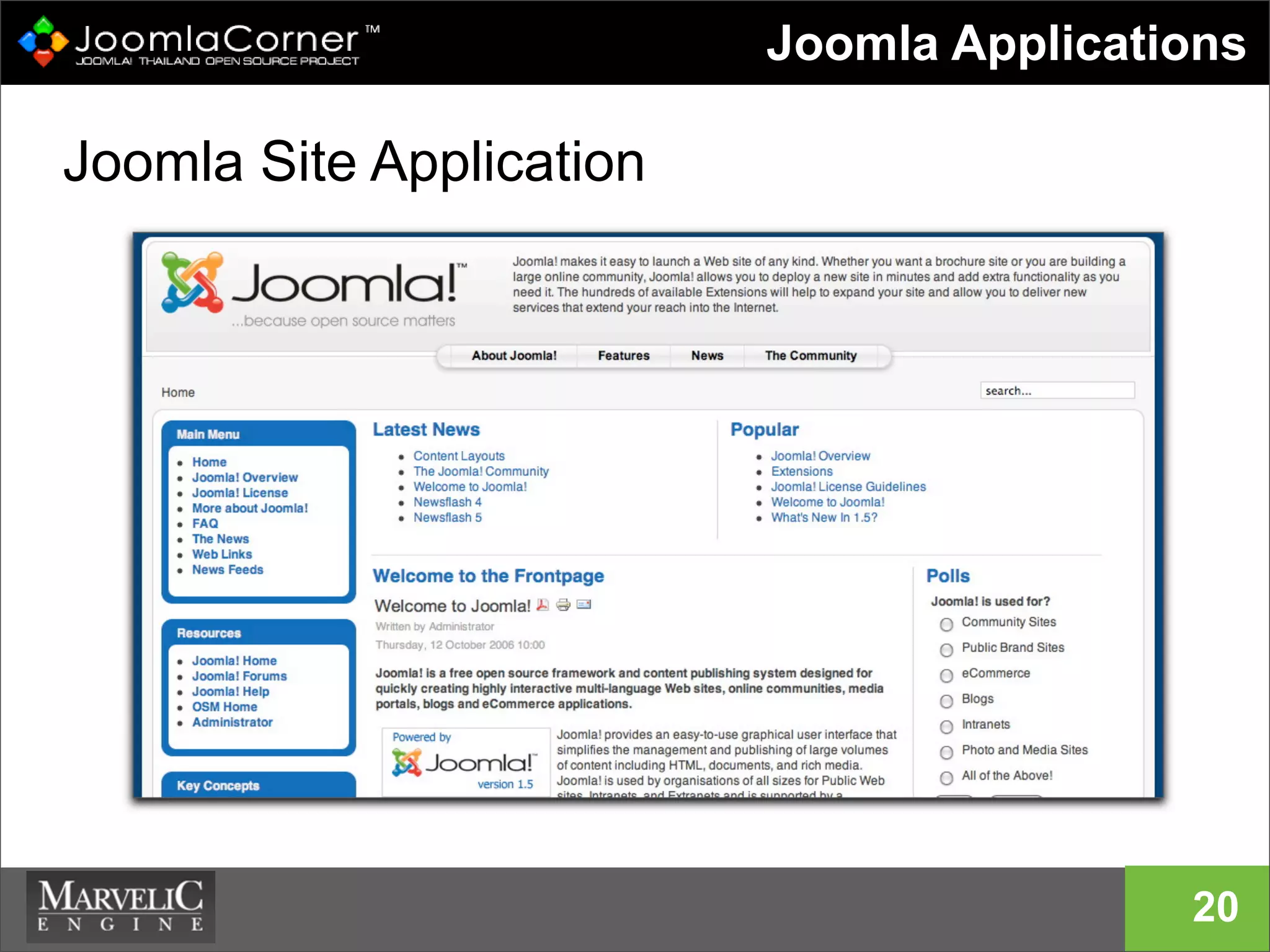 20
Joomla Applications
Joomla Site Application
 