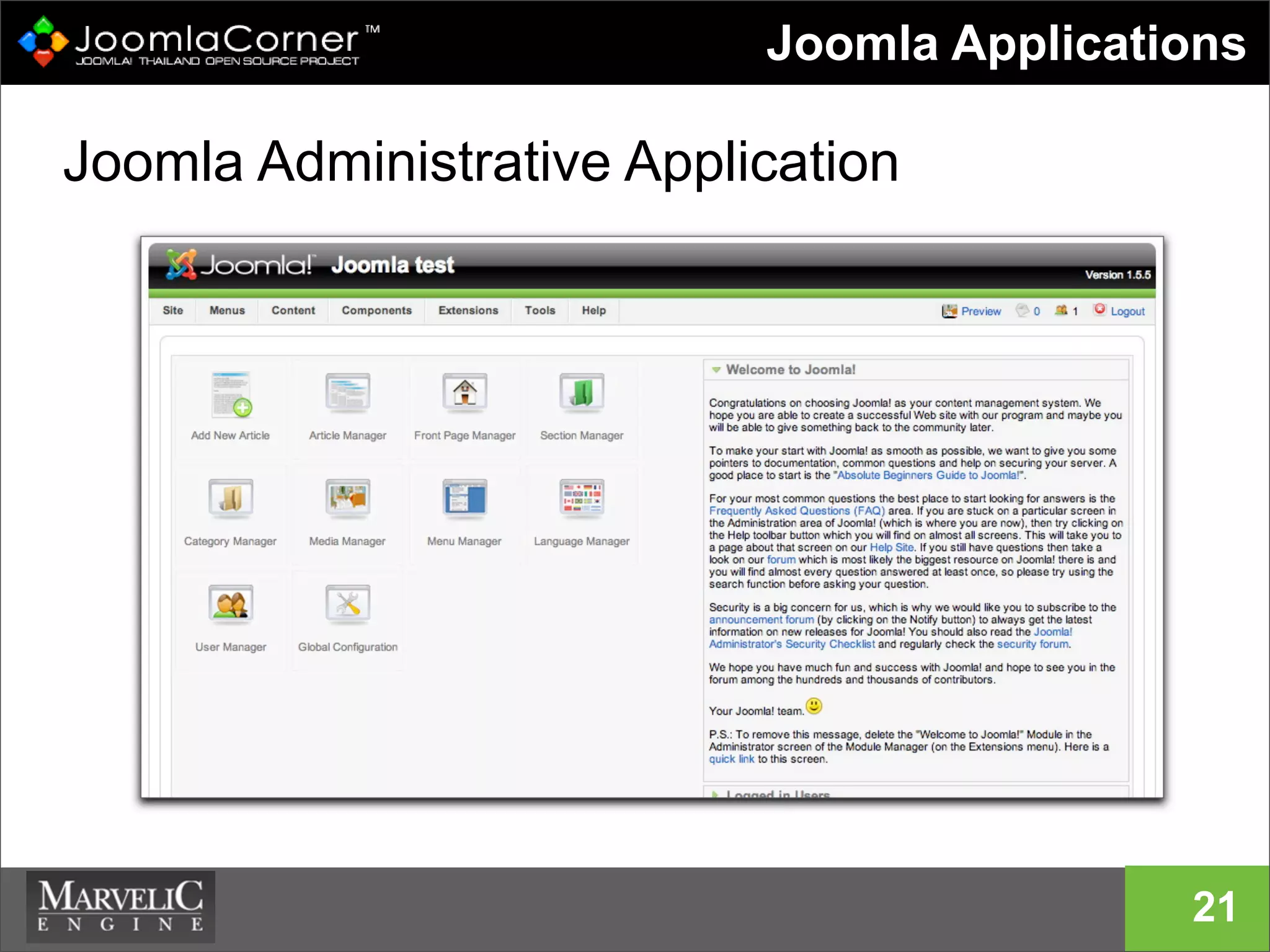 21
Joomla Applications
Joomla Administrative Application
 