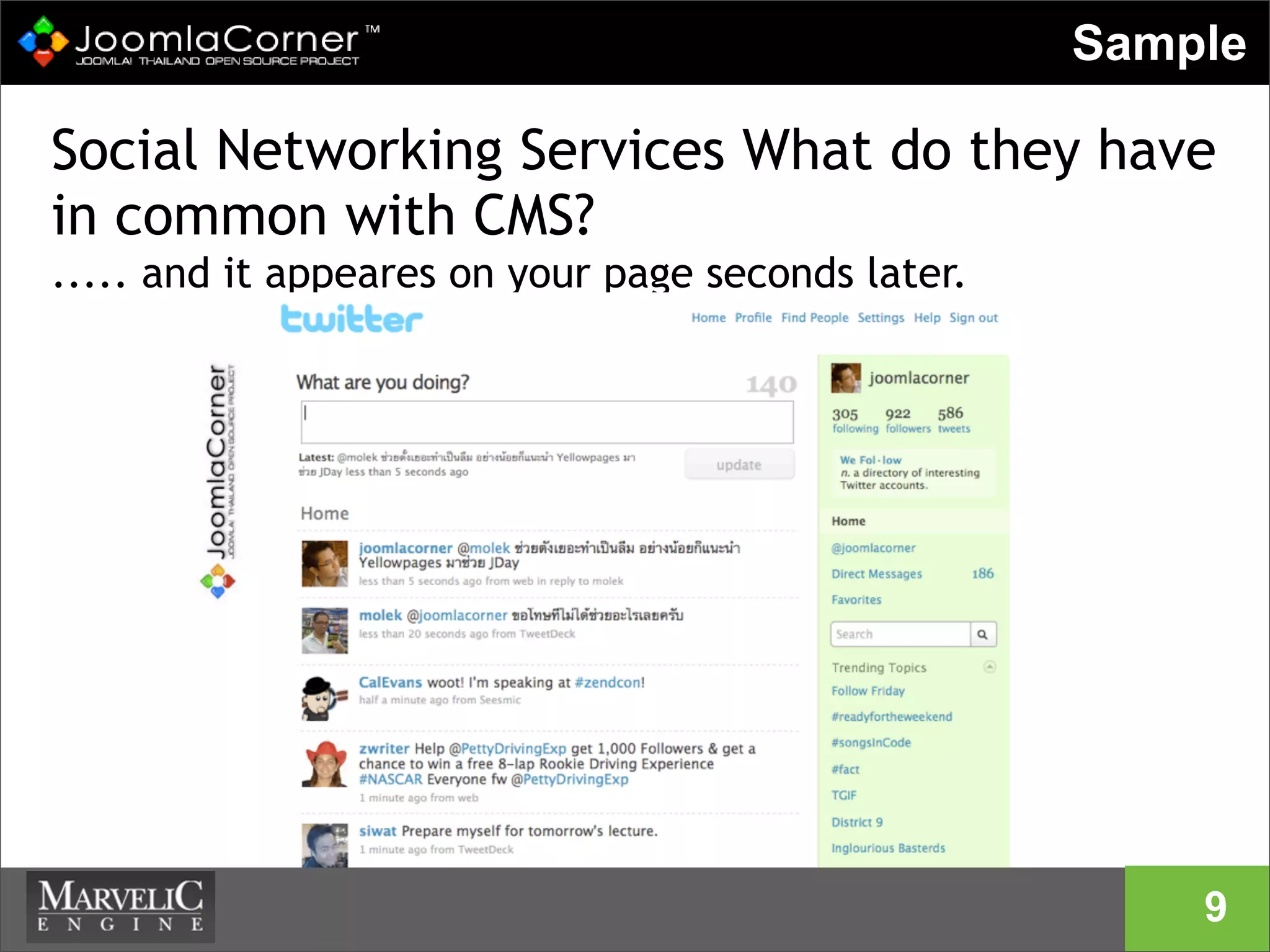 Social Networking Services What do they have
in common with CMS?
..... and it appeares on your page seconds later.
5
Sample
9
 