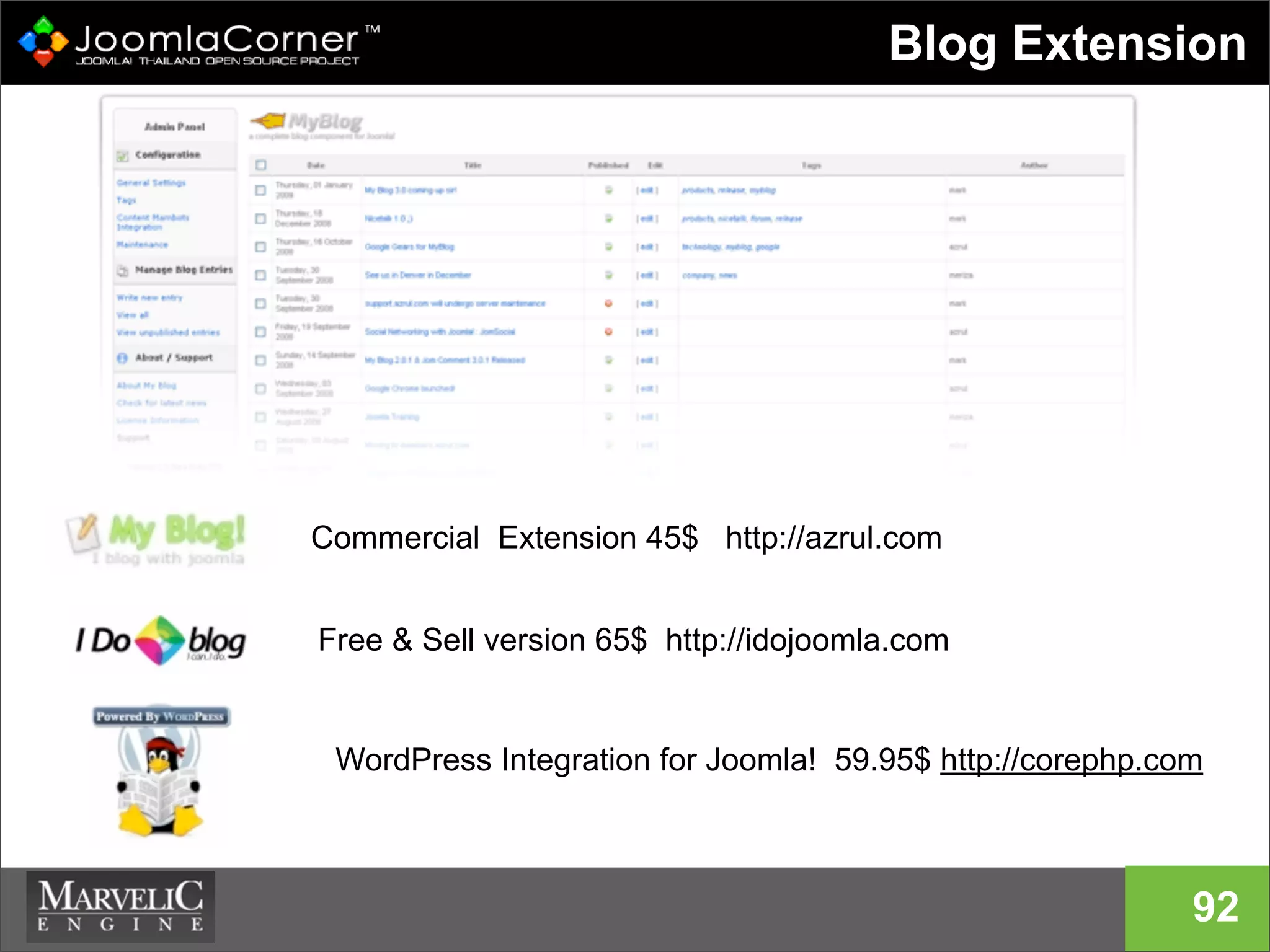 Blog Extension
92
Commercial Extension 45$ http://azrul.com
Free & Sell version 65$ http://idojoomla.com
WordPress Integration for Joomla! 59.95$ http://corephp.com
 