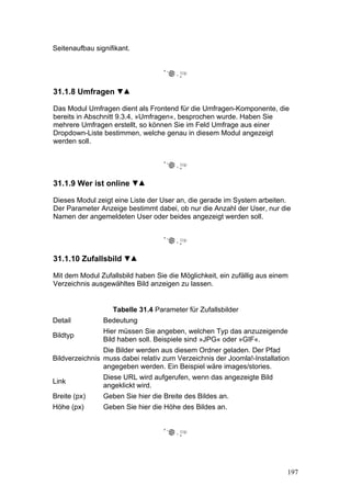 Seitenaufbau signifikant.




31.1.8 Umfragen

Das Modul Umfragen dient als Frontend für die Umfragen-Komponente, die
bereits in Abschnitt 9.3.4, »Umfragen«, besprochen wurde. Haben Sie
mehrere Umfragen erstellt, so können Sie im Feld Umfrage aus einer
Dropdown-Liste bestimmen, welche genau in diesem Modul angezeigt
werden soll.




31.1.9 Wer ist online

Dieses Modul zeigt eine Liste der User an, die gerade im System arbeiten.
Der Parameter Anzeige bestimmt dabei, ob nur die Anzahl der User, nur die
Namen der angemeldeten User oder beides angezeigt werden soll.




31.1.10 Zufallsbild

Mit dem Modul Zufallsbild haben Sie die Möglichkeit, ein zufällig aus einem
Verzeichnis ausgewähltes Bild anzeigen zu lassen.


                   Tabelle 31.4 Parameter für Zufallsbilder
Detail          Bedeutung
                Hier müssen Sie angeben, welchen Typ das anzuzeigende
Bildtyp
                Bild haben soll. Beispiele sind »JPG« oder »GIF«.
                Die Bilder werden aus diesem Ordner geladen. Der Pfad
Bildverzeichnis muss dabei relativ zum Verzeichnis der Joomla!-Installation
                angegeben werden. Ein Beispiel wäre images/stories.
                Diese URL wird aufgerufen, wenn das angezeigte Bild
Link
                angeklickt wird.
Breite (px)     Geben Sie hier die Breite des Bildes an.
Höhe (px)       Geben Sie hier die Höhe des Bildes an.




                                                                          197
 