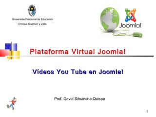 Universidad Nacional de Educación
     Enrique Guzmán y Valle




              Plataforma Virtual Joomla!

                Vídeos You Tube en Joomla!



                                    Prof. David Sihuincha Quispe


                                                                   1
 