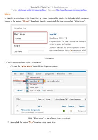“Joomla 2.5 leicht gemacht” © JoomlaShine.com
Twitter http://www.twitter.com/joomlashine | Facebook http://www.facebook.com/joomlashine
30
Installation von XAMPP
1. Das Installationspaket von XAMPP in http://www.apachefriends.org/en/xampp.html herunterladen.
2. Führen Sie die Installationsdatei, wie bei anderen Software Installation aus und folgen Sie den
Anweisungen Schritt für Schritt.
3. Öffnen Sie die “XAMPP Control Panel Anwendung” und starten “Apache” und “MySQL”.
XAMPP Control Panel Anwendung
Ihr Lokalhost ist nun installiert. Sie können überprüfen, ob er funktioniert oder nicht indem Sie die Adresse
“http://localhost” in Ihrem Webbrowser eingeben und Sie die Seite unten sehen.
 