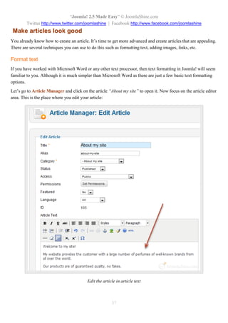 “Joomla 2.5 leicht gemacht” © JoomlaShine.com
Twitter http://www.twitter.com/joomlashine | Facebook http://www.facebook.com/joomlashine
37
2. Dann fügen Sie den Kategorietitel “Über uns” ein und klicken den Button “Speichern” in der
Toolbar.
Eingabe der Kategorieinformation
 