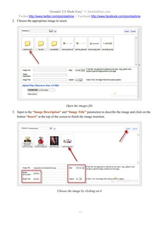 “Joomla 2.5 leicht gemacht” © JoomlaShine.com
Twitter http://www.twitter.com/joomlashine | Facebook http://www.facebook.com/joomlashine
46
Klicken Sie den Button “Neu”, um ein neues Menüitem zu erstellen
3. Dann klicken Sie den Button “Wählen”, um den Typ des Menüsitems zu wählen.
Den Menüitemtyp wählen
 