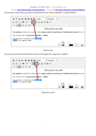“Joomla 2.5 leicht gemacht” © JoomlaShine.com
Twitter http://www.twitter.com/joomlashine | Facebook http://www.facebook.com/joomlashine
51
Die neuen Artikel im Hauptmenü
Wenn Sie nun auf den jeweiligen Link klicken, sehen Sie den dazu gehörigen Artikel.
Der Artikel “Über uns”
Sie können nun ähnliche Schritte wiederholen, um Links zu allen Artikeln zu erstellen.
 