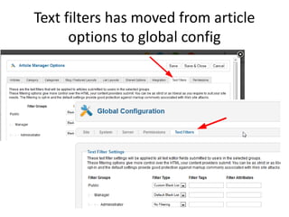 Text filters has moved from article
      options to global config
 