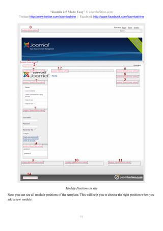 “Joomla 2.5 Made Easy” © JoomlaShine.com
        Twitter http://www.twitter.com/joomlashine | Facebook http://www.facebook.com/joomlashine




                                           Module Positions in site
Now you can see all module positions of the template. This will help you to choose the right position when you
add a new module.




                                                      68
 