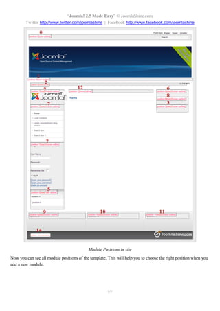 “Joomla! 2.5 Made Easy” © JoomlaShine.com
Twitter http://www.twitter.com/joomlashine | Facebook http://www.facebook.com/joomlashine
69
Module Positions in site
Now you can see all module positions of the template. This will help you to choose the right position when you
add a new module.
 