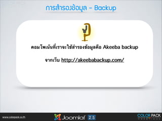 ¡กÒาÃรÊสÓำÃรÍอ§ง¢ขŒŒÍอÁมÙูÅล - Backup

คอมโพเน้นที่เราจะใช้สำรองข้อมูลคือ Akeeba backup
!

จากเว็บ http://akeebabackup.com/

www.colorpack.co.th

 