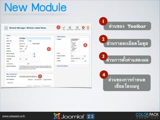 New Module
1

ส่วนของ Toolbar

2

3

ส่วนรายละเอียดโมดูล
ส่วนการตั้งค่าแสดงผล

4	


www.colorpack.co.th

ส่วนของการกำหนด
เชื่อมโยงเมนู

 