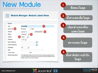 New Module

1

2
3

ชื่อของโมดูล
ตั้งค่าแสดงชื่อโมดูล
เลือกตำแหน่งที่จะ
แสดงโมดูล

4	

สถานะของโมดูล
5	


www.colorpack.co.th

ตั้งค่าสิทธิการเข้าถึง
โมดูล

 
